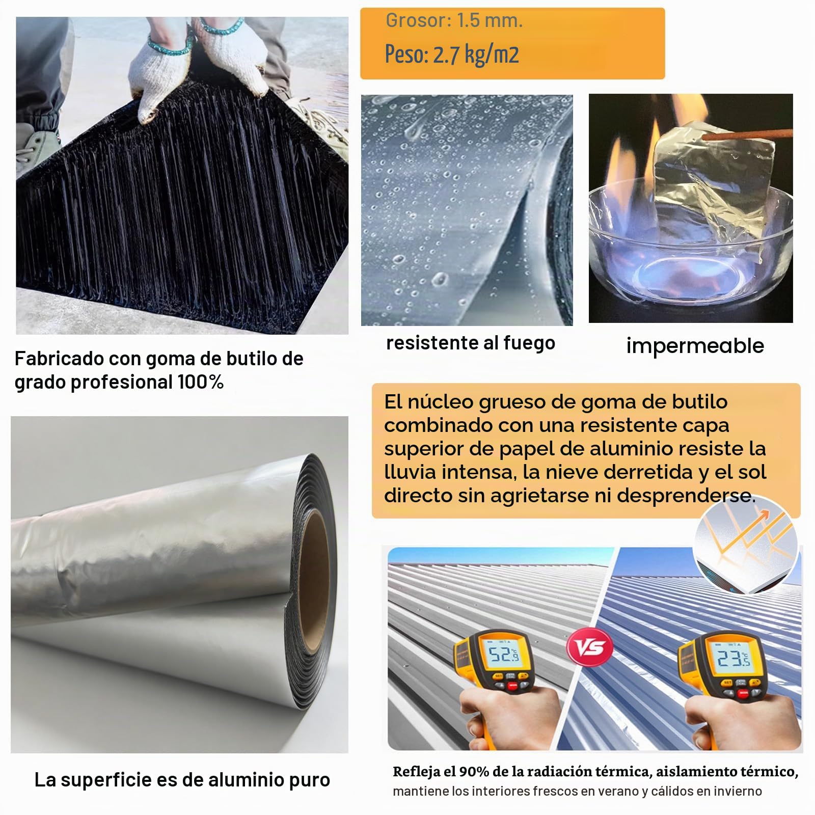 Tamaño Grande Adhesión Cinta Butilo Impermeable Aluminio Cinta Butilica 1.5mm De Espesor para Caravanas, Techo, Ventana, Ruptura De Tuberías, Goteras, Grietas(Size:3.3x33ft(1x10m))