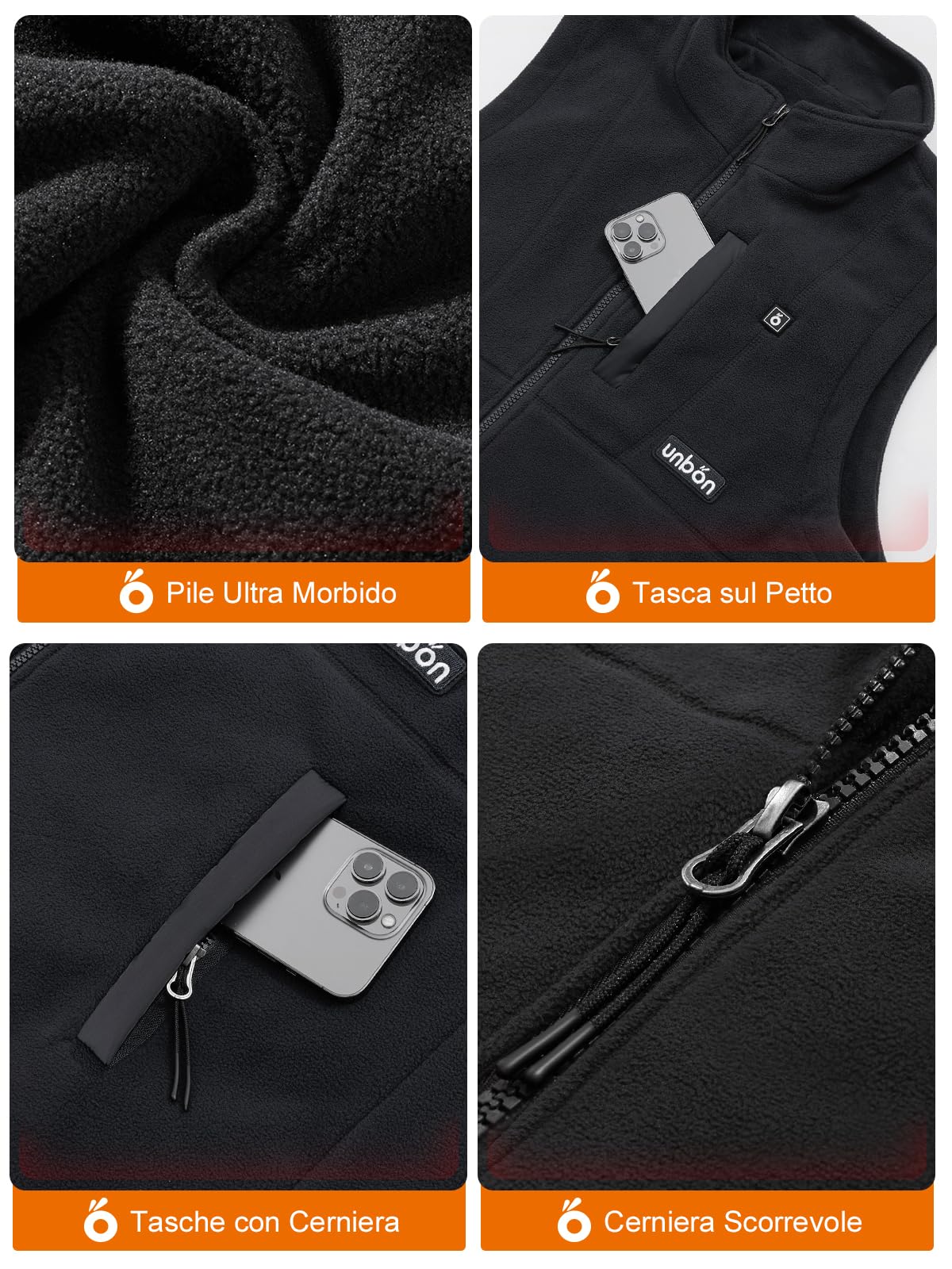 UNBON Gilet Riscaldato Uomo con Batteria USB 10000mAh, Giubbotto Riscaldato Uomo con 3 Temperatura 6 Zone di Calore, Gilet Riscaldante Elettrico Pile, Giacca Riscaldata Uomo per Moto Caccia