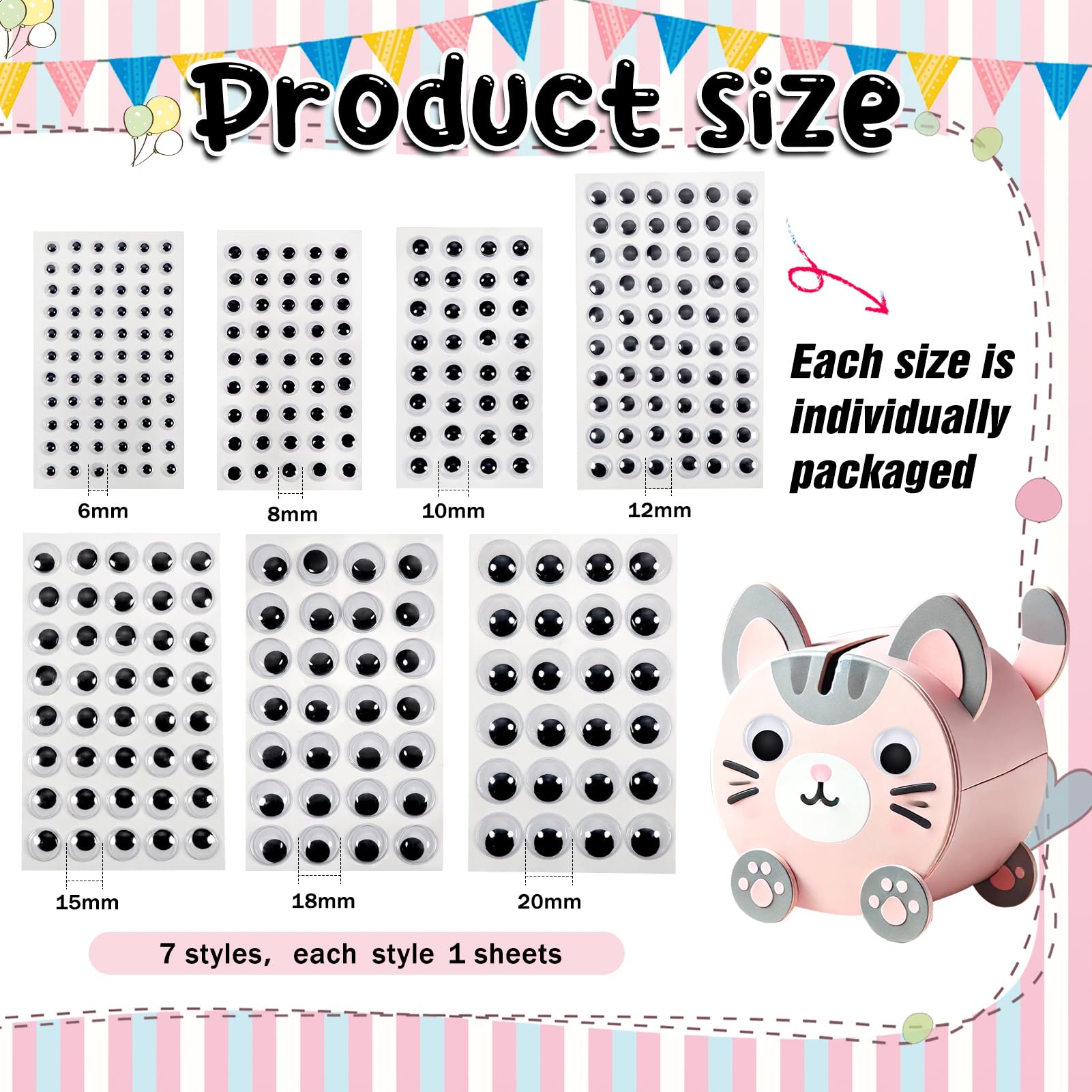 TOAOB 8 Sheets Googly Eyes Stickers Self Adhesive Wiggle Eyes 6mm to 20mm Plastic Craft Sticker Eyes for DIY Crafts Scrapbooking Decoration