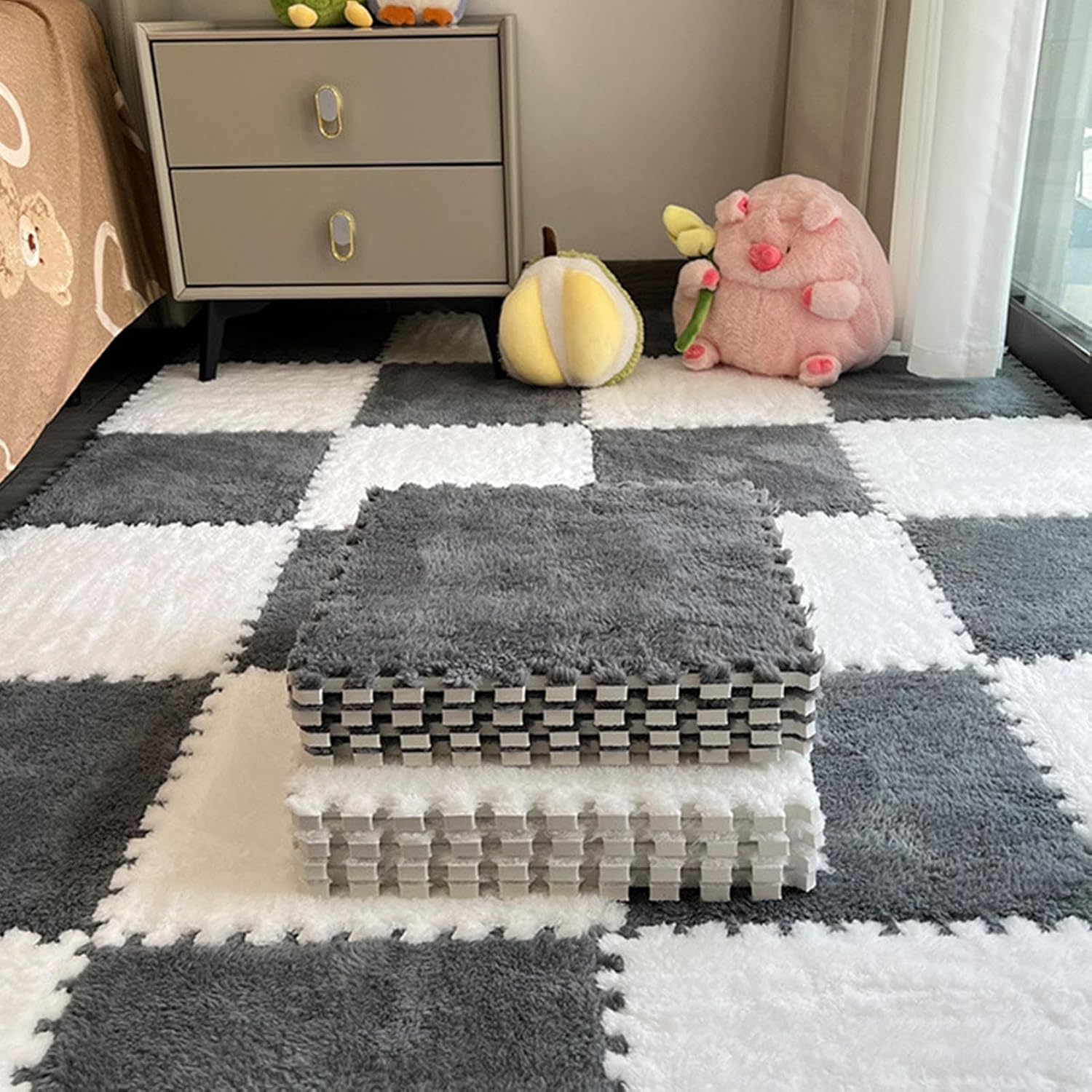Plush Foam Floor Mat - Square Interlocking Carpet Tiles, Puzzle Rug for Covering, Cuttable Design Tool, Flooring Comfort Kit with High-Density Base, Soft Flooring Tool for Bedroom Nursery Kids Room