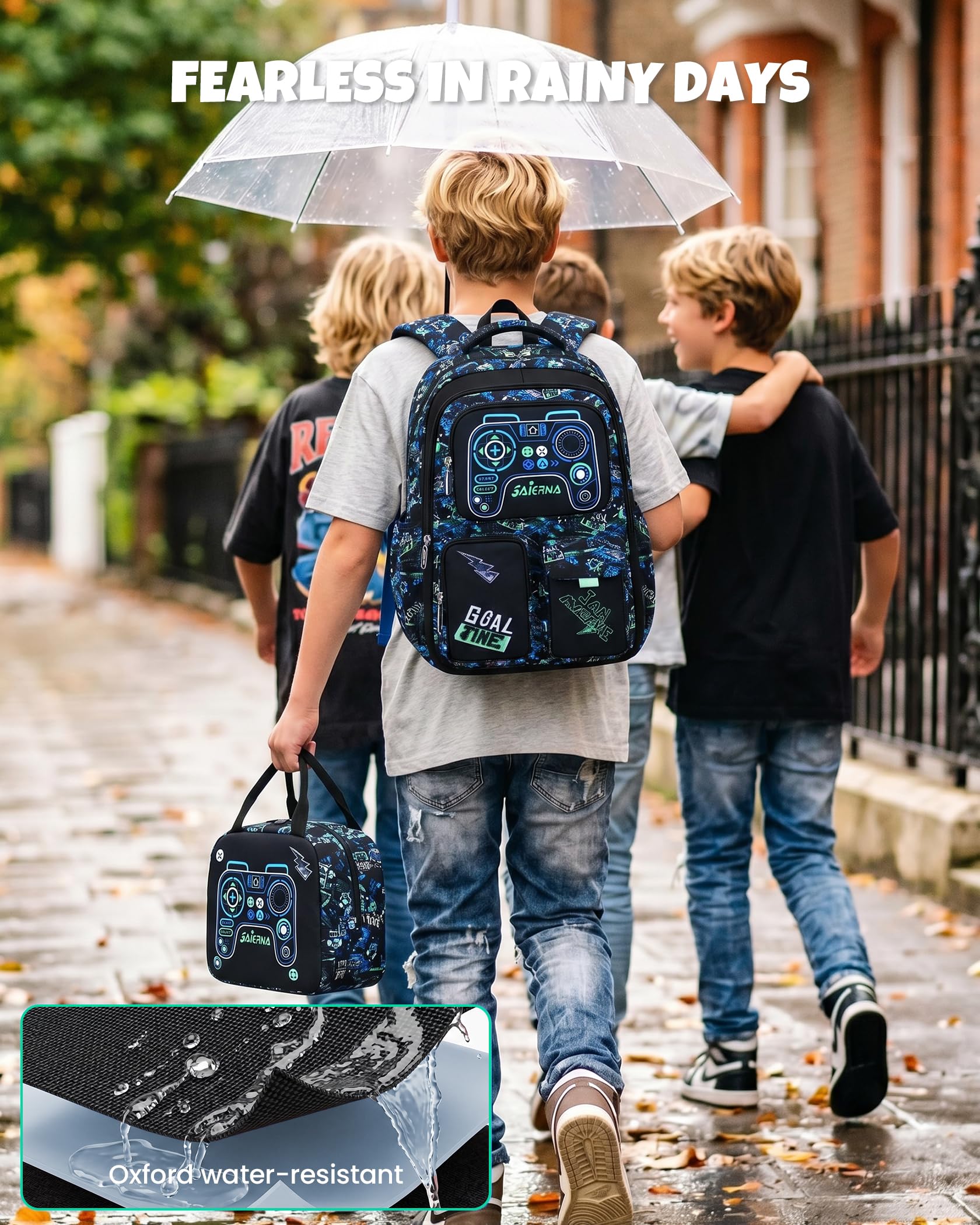 Amythe Zaino Scuola Ragazzi Classi da 3 a 9 3 Pezzi Impermeabile Set, Nero