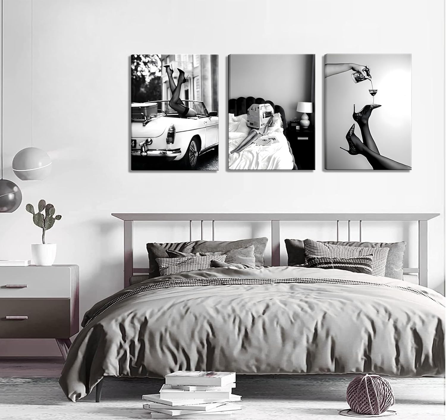 Set of 3 Framed Stylish Women Reading Newspaper Before Bed Wall Art, High Heels Vintage Car Posters, Feminist Black And White Vintage Canvas Prints pictures ， Home living room wall decoration bar cart