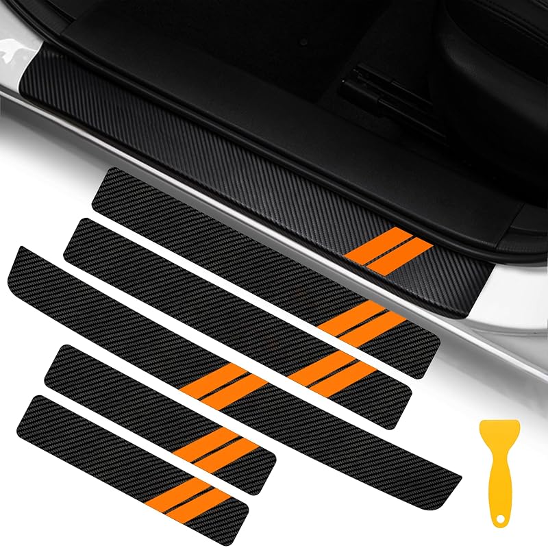 Protetor de Soleira para Porta YOSRTER em Couro de Microfibra com Textura de Fibra de Carbono para Dodge Charger, Challenger, Durango e Journey, Acabamento Laranja, Kit com 5 Peças