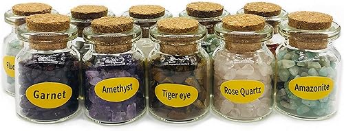 Juego de 9 mini botellas de cristal de los deseos con piedras preciosas caídas, chips de cristal para curación de chakras, juego de piedras de reiki