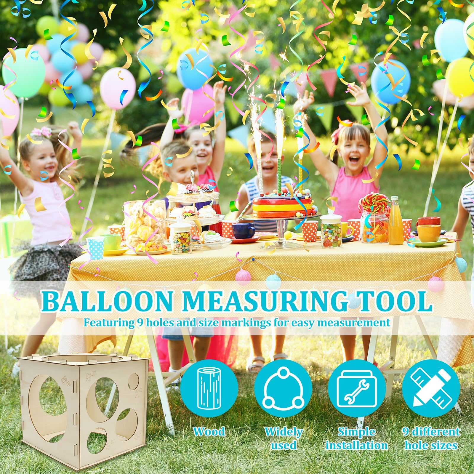 KTZCTPCA Lot de 2 boîtes à mesurer pour ballons, cubes en bois à 9 trous, outil de mesure de la taille des ballons avec 72 anneaux de fixation en silicone pour arches KTZCTPCA Lot de 2 boîtes à mesurer pour ballons, cubes en bois à 9 trous, outil de mesure de la taille des ballons avec 72 anneaux de fixation en silicone pour arches