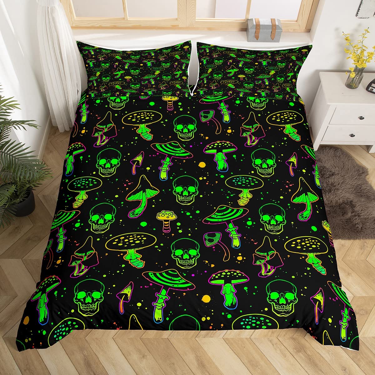 Erosebridal Trippy Mushroom Duvet Cover Full Hippie Death Skull Bedding Set Neon Glowing Comforter Cover Creepy Halloween Themed Bed Sets Black and Green Bedding for Kids Teens Room