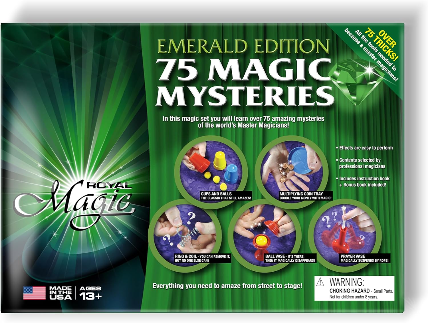 Emerald Edition Magic Kit – 75 Plus Tricks with Miracle Card Case & Illusion Book, Fun Kids Toys, Magic Tricks Set, Boy Birthday Gift, Gifts for Girls, Creative Toys for Kids