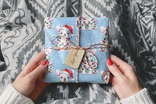 Miniatura 8 de Lindas luces de Navidad, papel de regalo de bulldog francés de Navidad, decoración de Navidad con temática de perro cachorro (rollo de 12 pies x 30