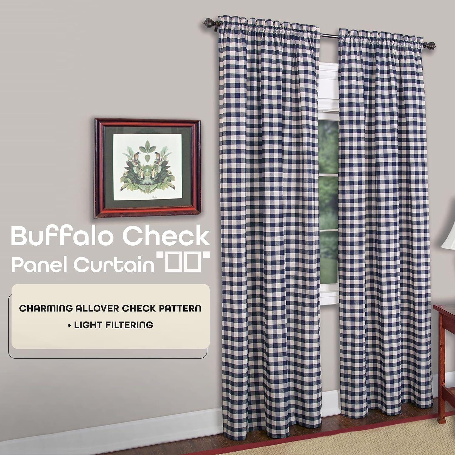 ACHIM Buffalo Check Panel Window Curtain - 42 Inch Width, 84 Inch Length - Navy & Ivory Plaid - Light Filtering Farmhouse Country Drapes for Bedroom Living & Dining Room Home Decor