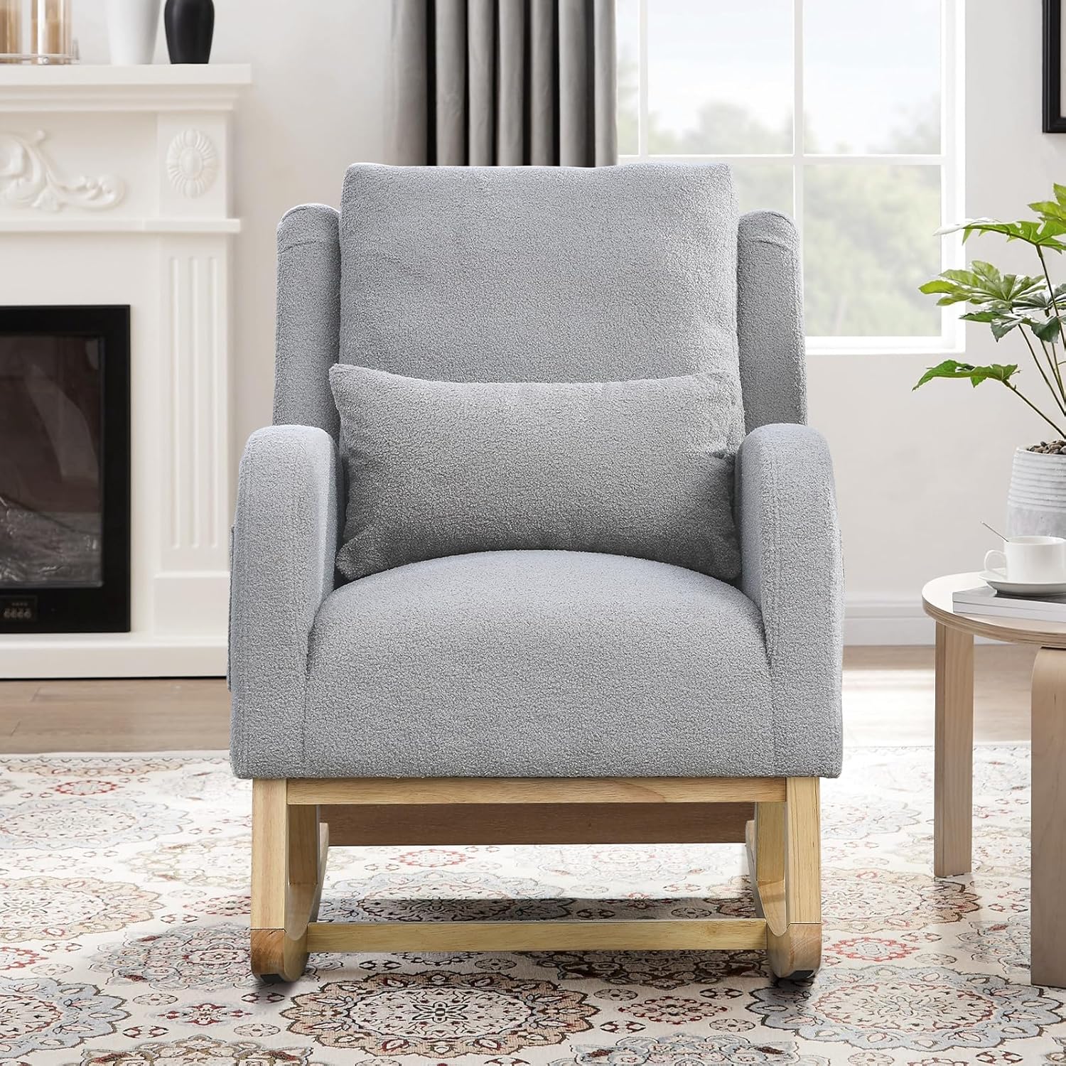JEEOHEY Rocking Chair for Nursery, Teddy Upholstered Wingback Rocking Chair, Accent Glider Rocker with Comfy High Back Curved Armrest Lumbar Pillow for Living Room, Bedroom, Grey