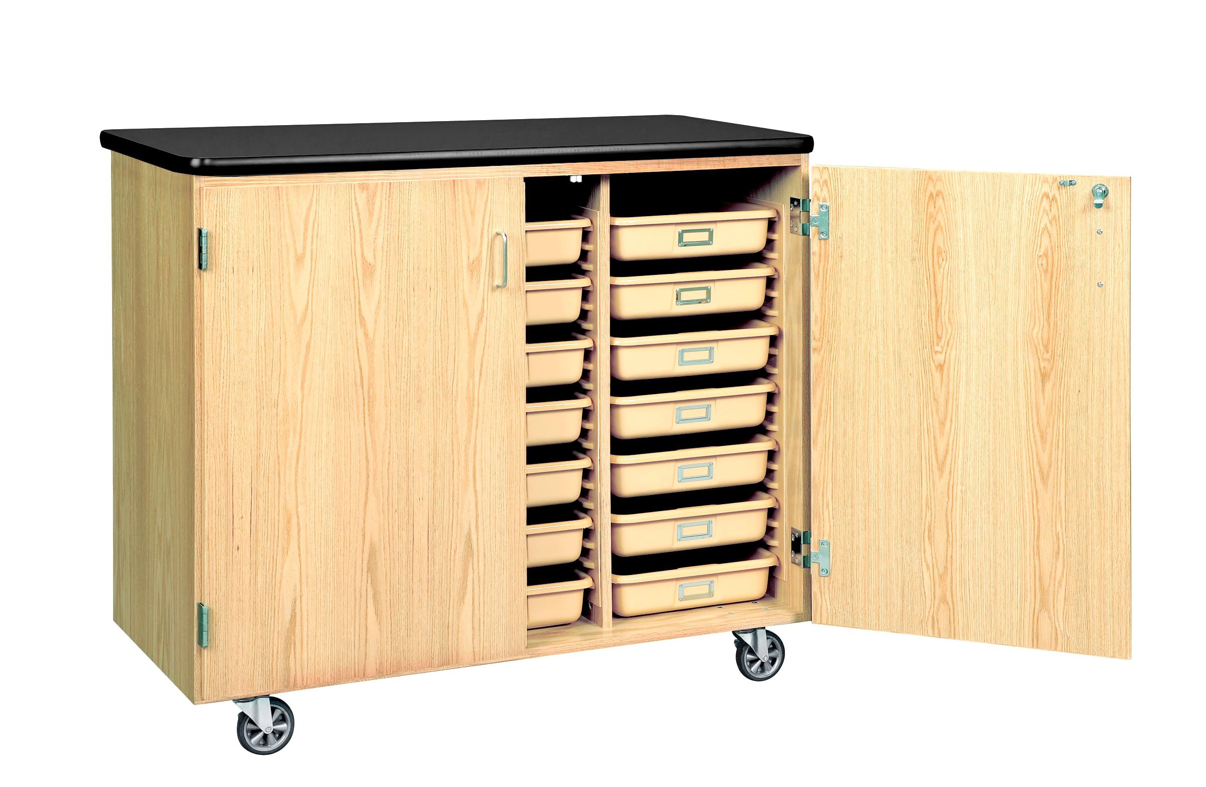 Diversified Spaces School Classroom Mobile Storage Cabinet, 48" W x 24" D x 41.5" H, 21 Tote Trays, Oak Construction, 2 Locking Doors, Laminate Top, Castors, Made in The USA