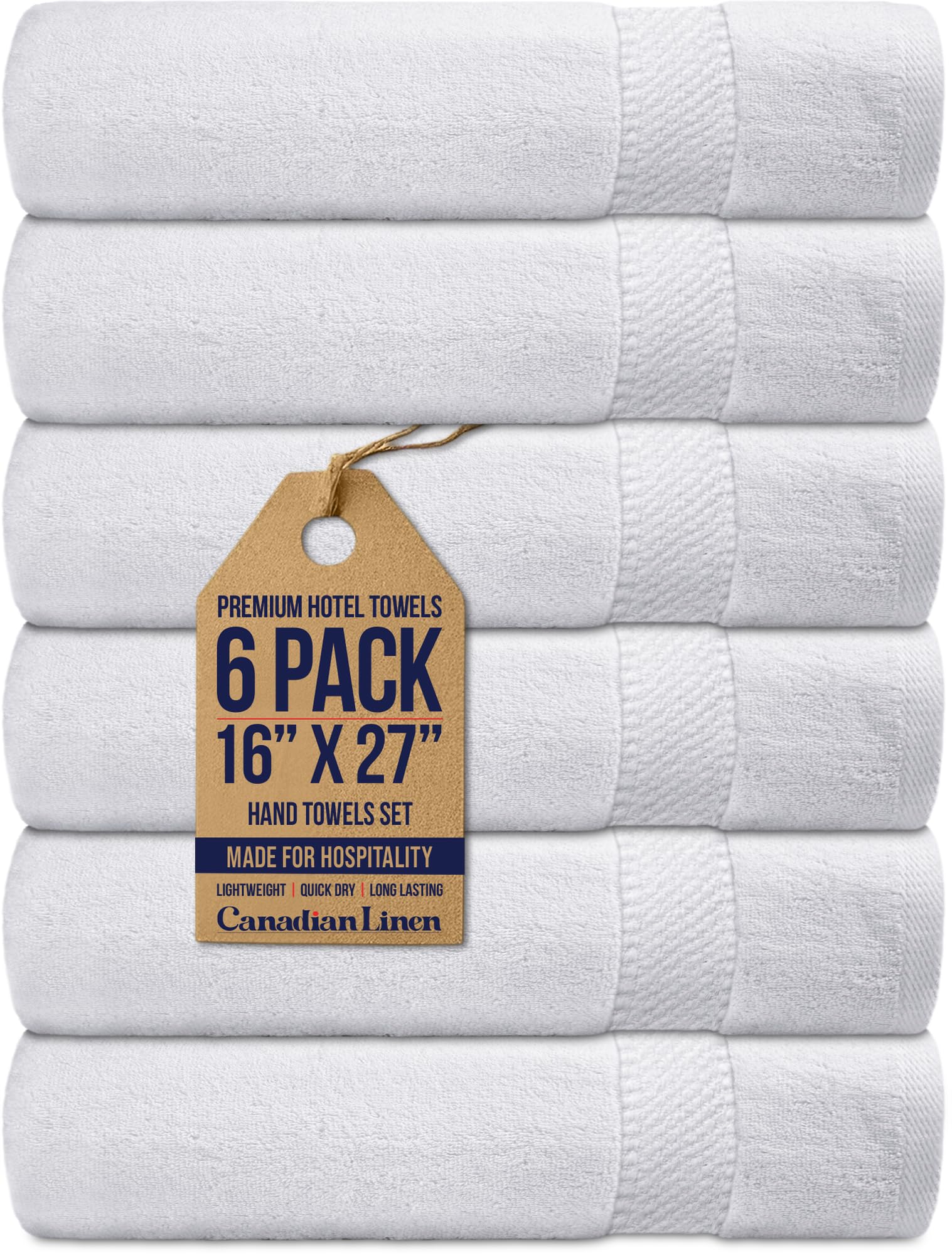 Canadian Linen Premium Hand Towels 16"x27" 6 Pack White Soft Absorbent Quick Dry Cotton