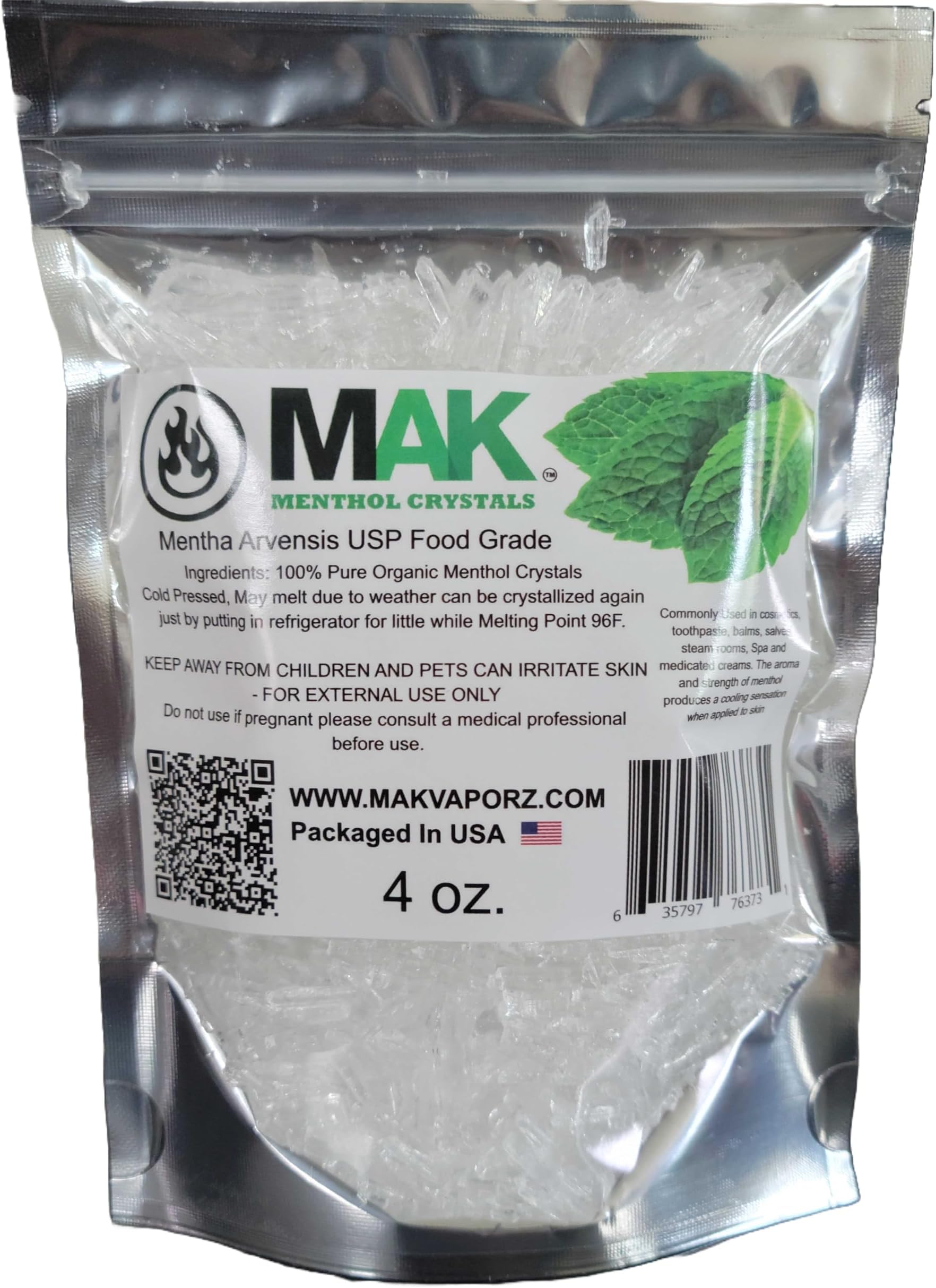 Menthol Crystal 4 oz - Pure Organic 100% Natural - Menthol Crystals from Mint Crystal Mints Mentha Arvensis - Comes in Resealable Standup Bag for Long-Lasting Freshness