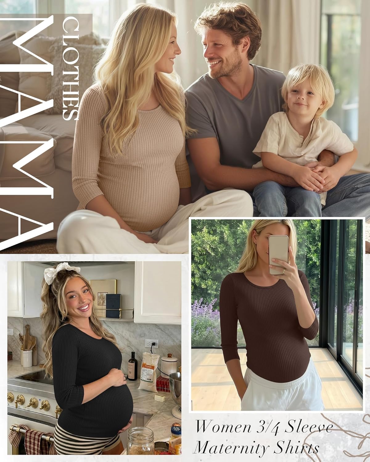 Neer 3 Pack Women's 3/4 Sleeve Maternity Shirts Ribbed Pregnancy Work Tops Quarter Sleeve Round Neck Maternity Clothes - Image 2