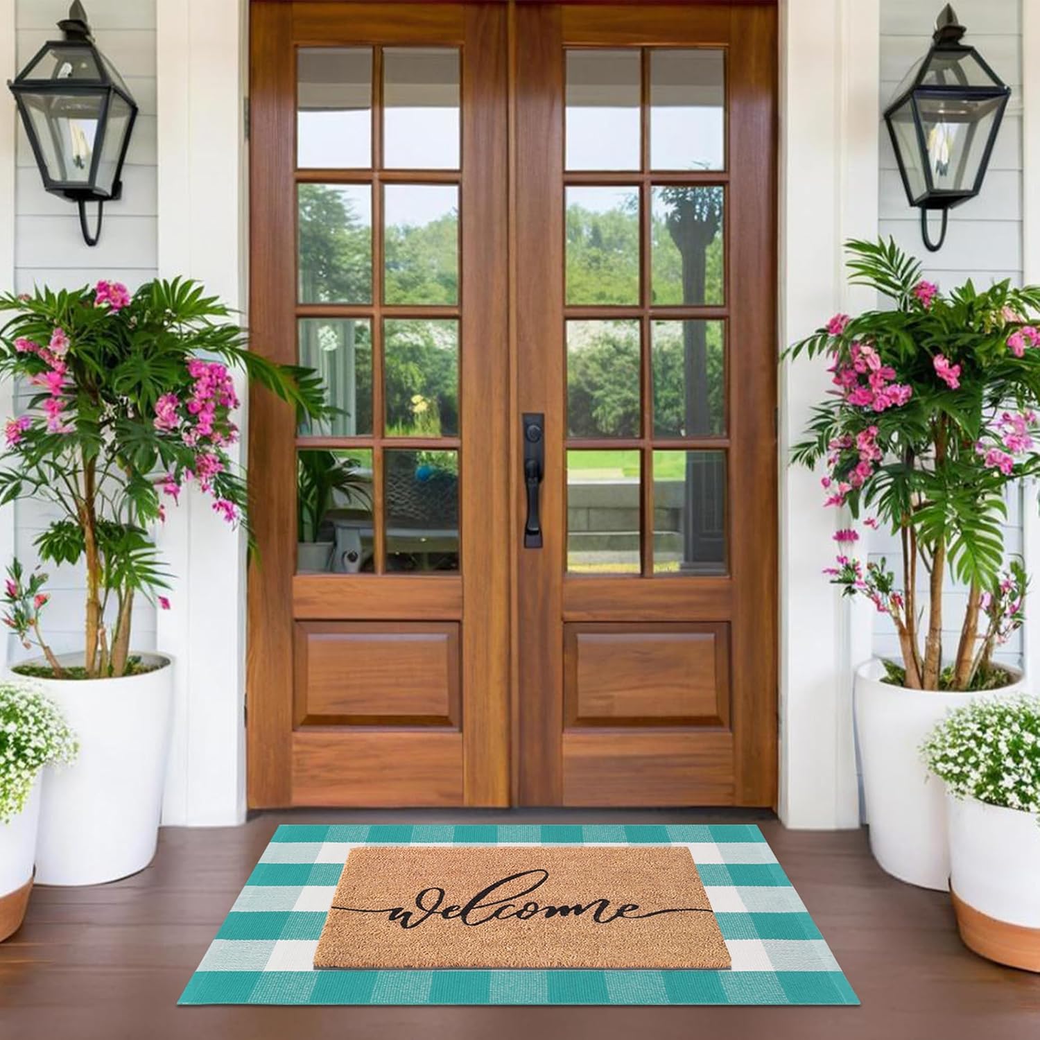 Spring Welcome Front Door Mats Combo Set, 100% Coco Coir Doormat + 28" x 43" Spring Green and White Plaid Rug, Front Porch Entryway Decor Indoor Outdoor Easter Mats