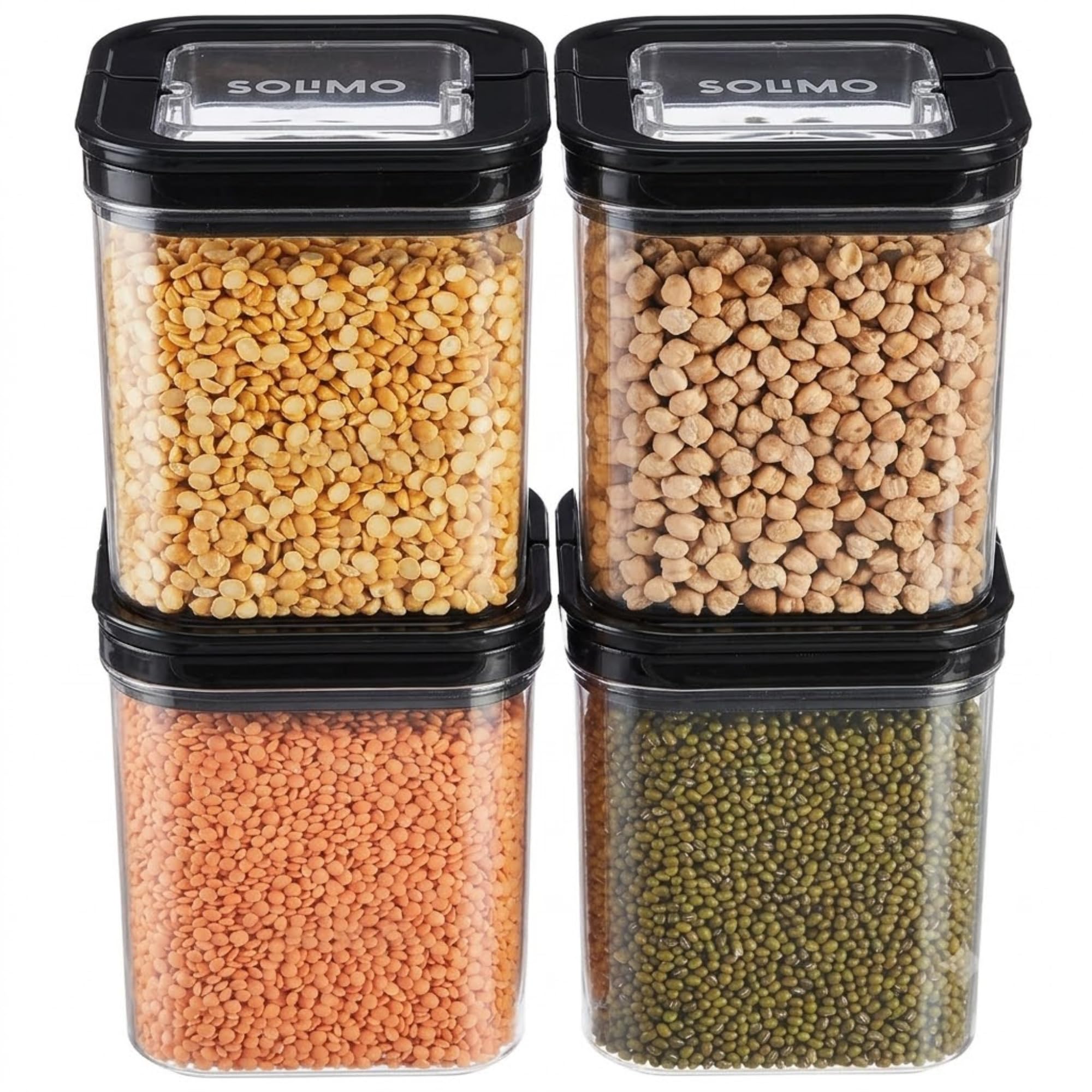 Amazon Brand - Solimo Airtight Plastic Storage Jar and Container Set-I | BPA Free | Multipurpose Storage | 1150ml each, Set of 4 (Black)