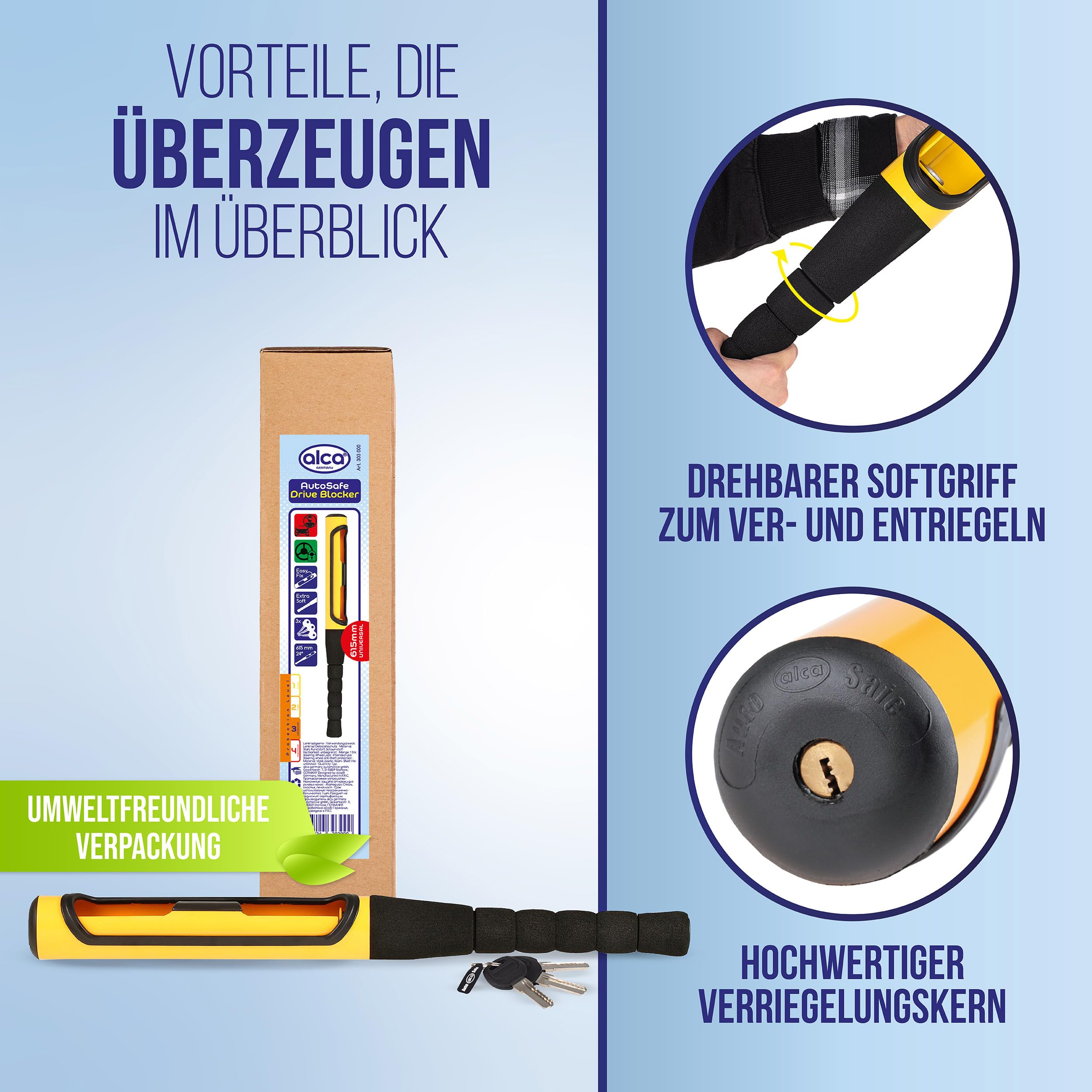 alca® Lenkradsperre Lenkradschloss Wegfahrsperre Lenkradkralle Diebstahlsicherung Lenkradschloss 3 Schlüssel für alle Lenkradstärken Gesamtlänge: 615 mm