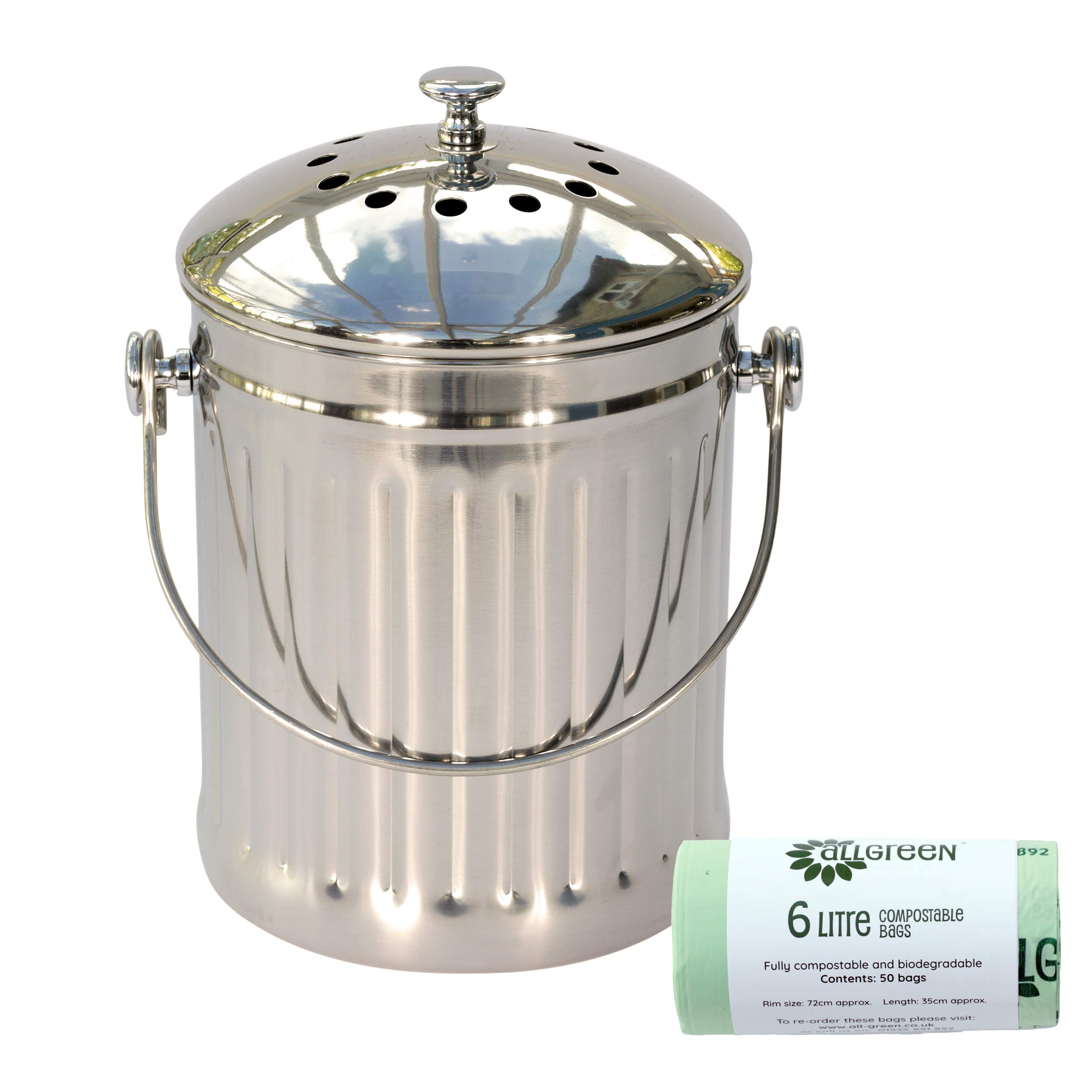 Polished Stainless Steel Metal Filtered Kitchen Compost Caddy & 50x 6L All-Green Compostable Bags - Composting Bin for Food Waste Recycling