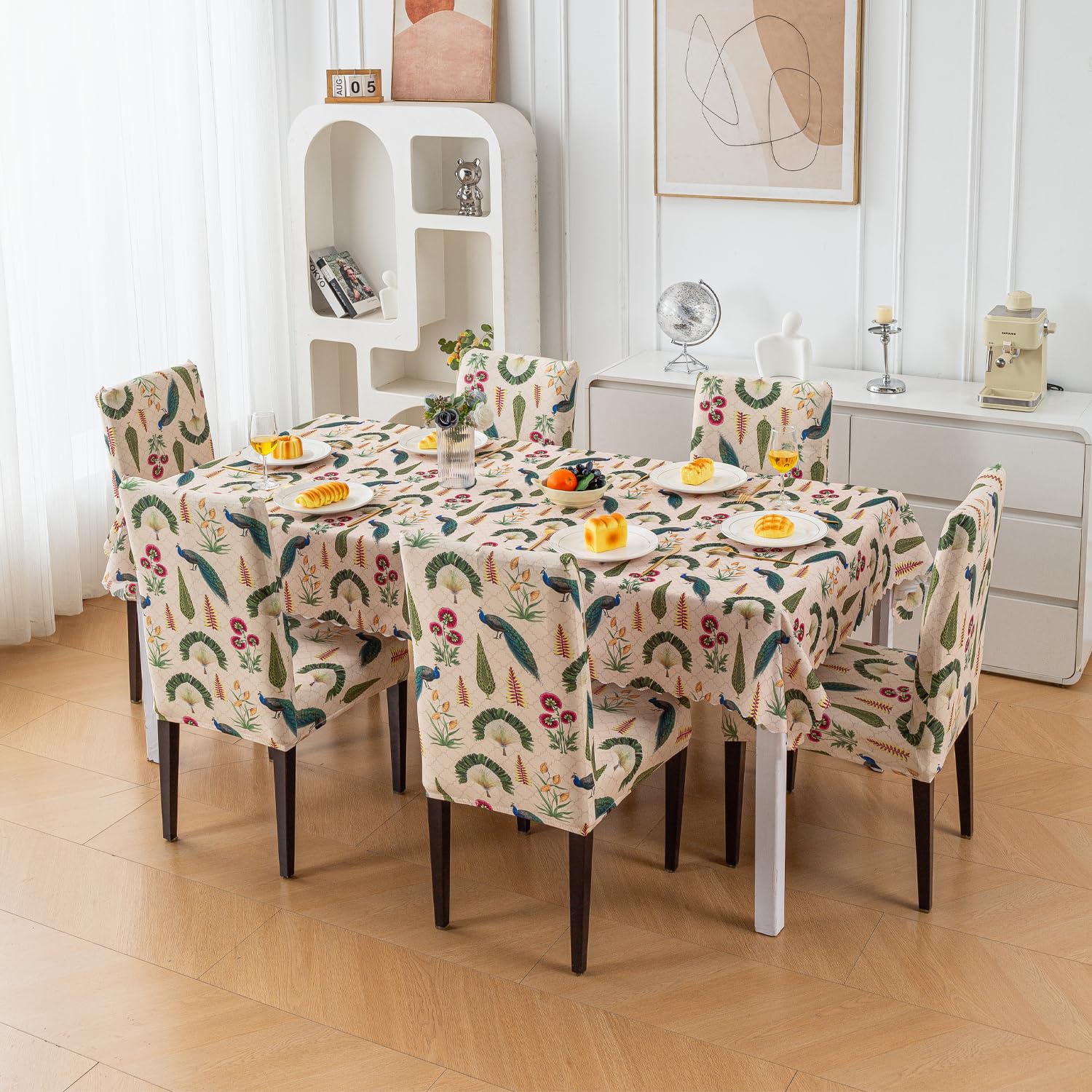 House of Quirk Dining Table Cover Waterproof with 6 Chair Covers for Kitchen Dining Table Cloth Dust and Oil Repellent (Royal Peacock, 1 Table Cover + 6 Chair Cover)