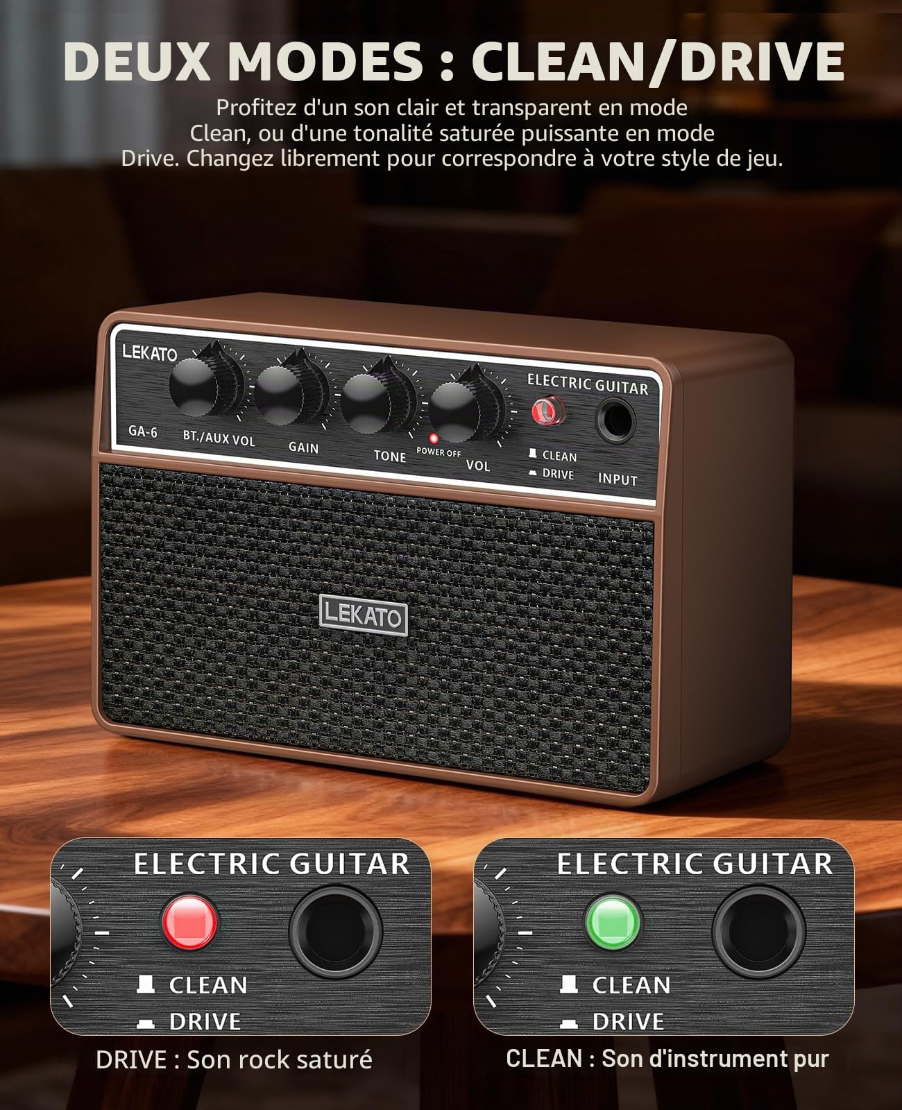 LEKATO Mini amplificateur de guitare électrique rechargeable 10 W avec effets Clean/Overdriver, Bluetooth 5.0, amplificateur de guitare d'entraînement portable pour exercices à domicile et fête