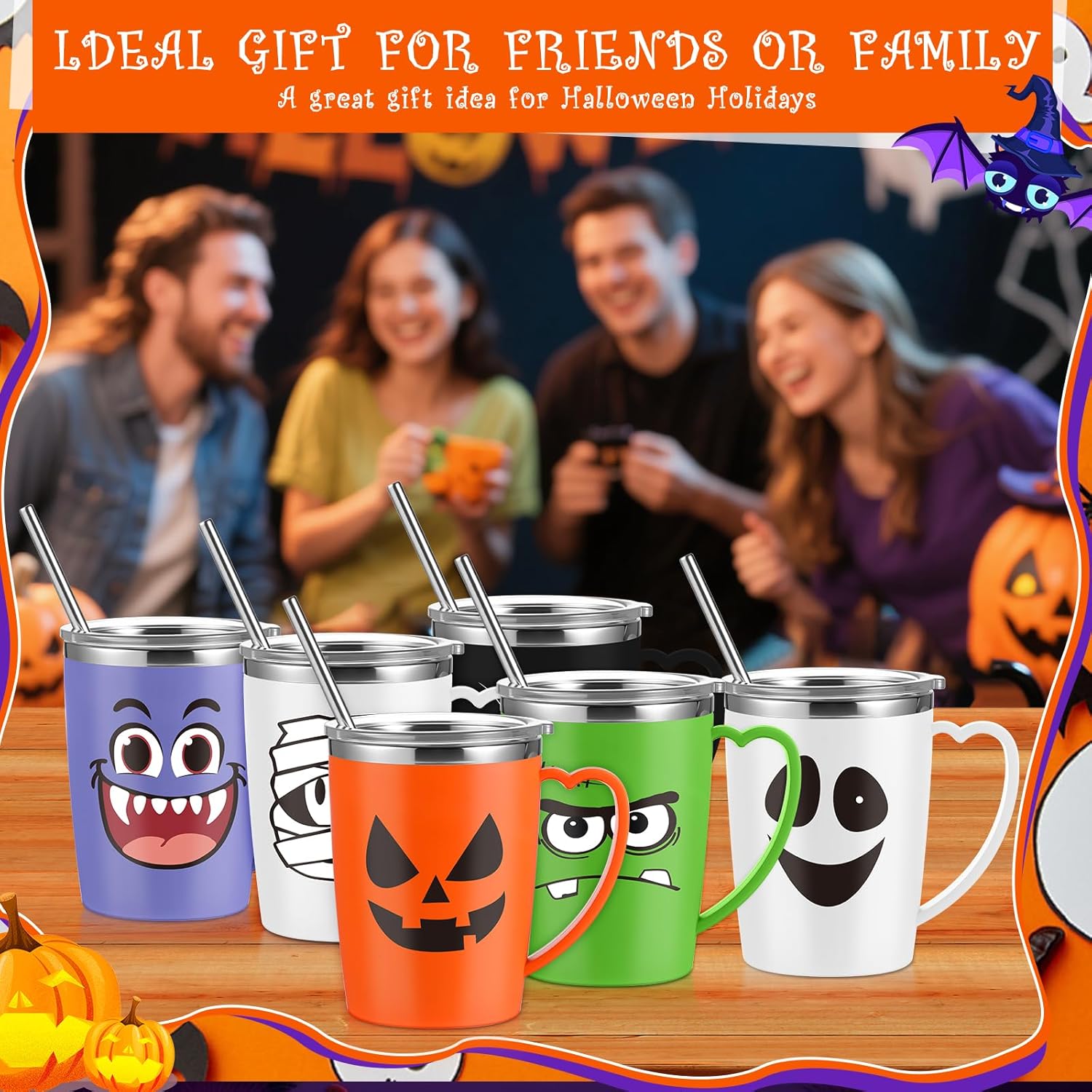 6 Pcs Halloween Coffee Mugs Cups 16 Oz Halloween Stainless Steel Insulated Tumblers Bulk with Handle Lid Straw Brushes Spooky Ghost Face Monster Black Cat Mugs Trick or Treat Gifts - Image 6