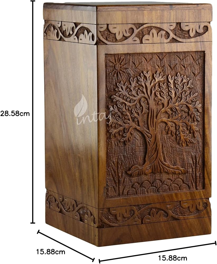 HIND HANDICRAFTS Urna Funeraria In Legno Di Pino Fatte A Mano - Scatola Per Ceneri Cremazione Con Incisione Albero Della Vita, Capacità 113 Kg, Finitura Naturale - 3