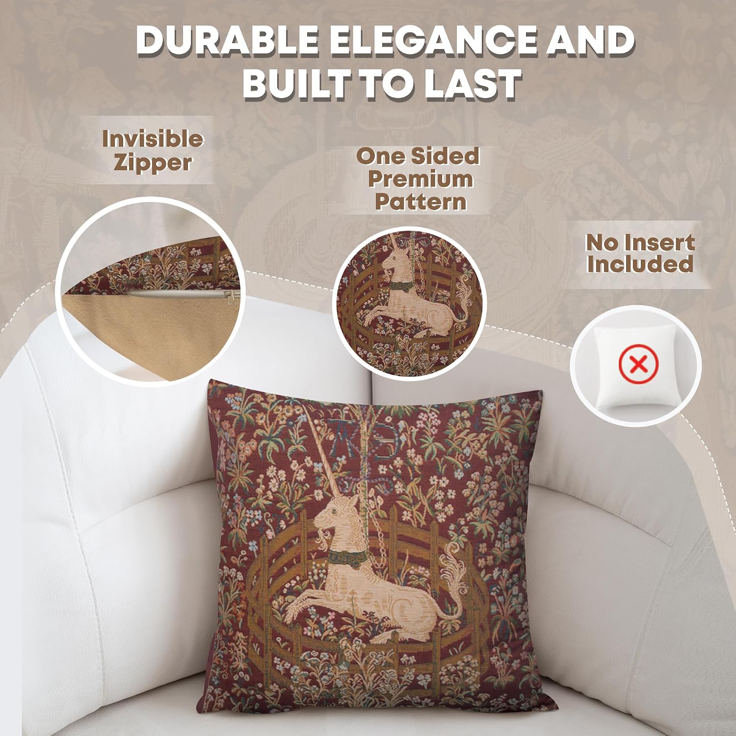 Charlotte Home Furnishings Decorative Pillow Covers for Couch 14X14 in Unicorn Throw Pillow Covers for Sofa Tapestry Square Pillow Cases for Bed Living Room Soft European Cotton Jacquard Woven