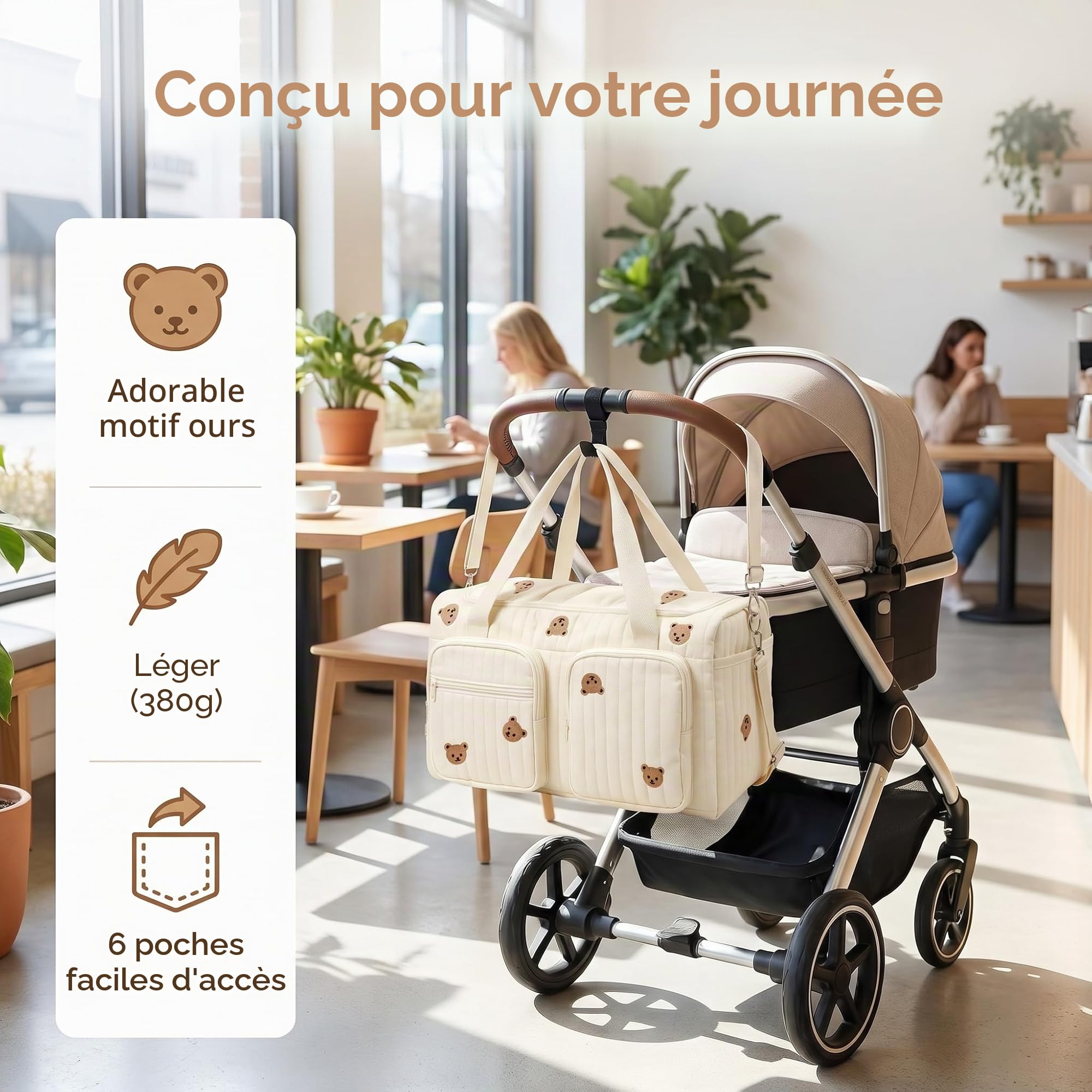 Sac à Langer Bebe Bandoulière 48x26x22cm, Sac de Maternité Multi Poches, Sac de Voyage Femme avec Ceinture Ajustable