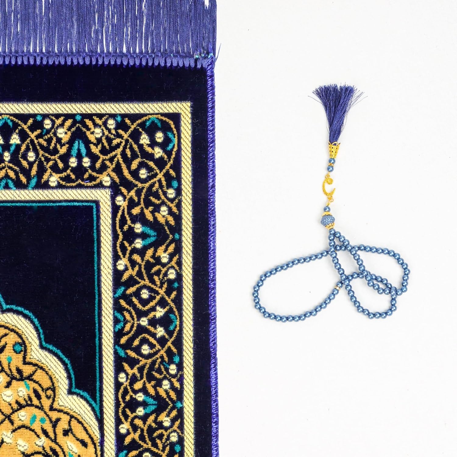 Muslim Prayer Rug, Soft Plush Thin Islamic Prayer Mat, Janamaz, Sajada, Praying Carpet, Islamic Gift for Men & Women, Islamic Mat, Navy, Eid & Ramadan Gift with Prayer Beads, 26x43 inch