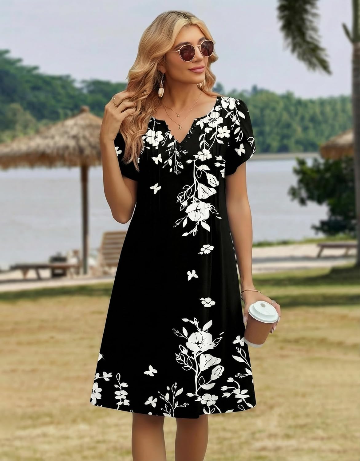 Zeagoo Women's Casual Dresses with Pockets Summer Floral V-Neck A-Line Tshirt Dress Short Sleeve Mini Dress Beach Sundress - Image 4