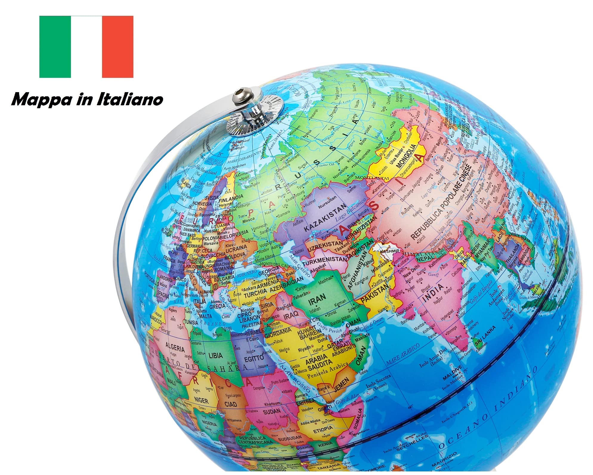 Exerz Mappamondo Illuminato 23cm Mappa Italiana Supporto Metallo LED | Modalità giorno notte con costellazioni senza fili per studio cameretta ufficio bambini dagli 8 anni e regali