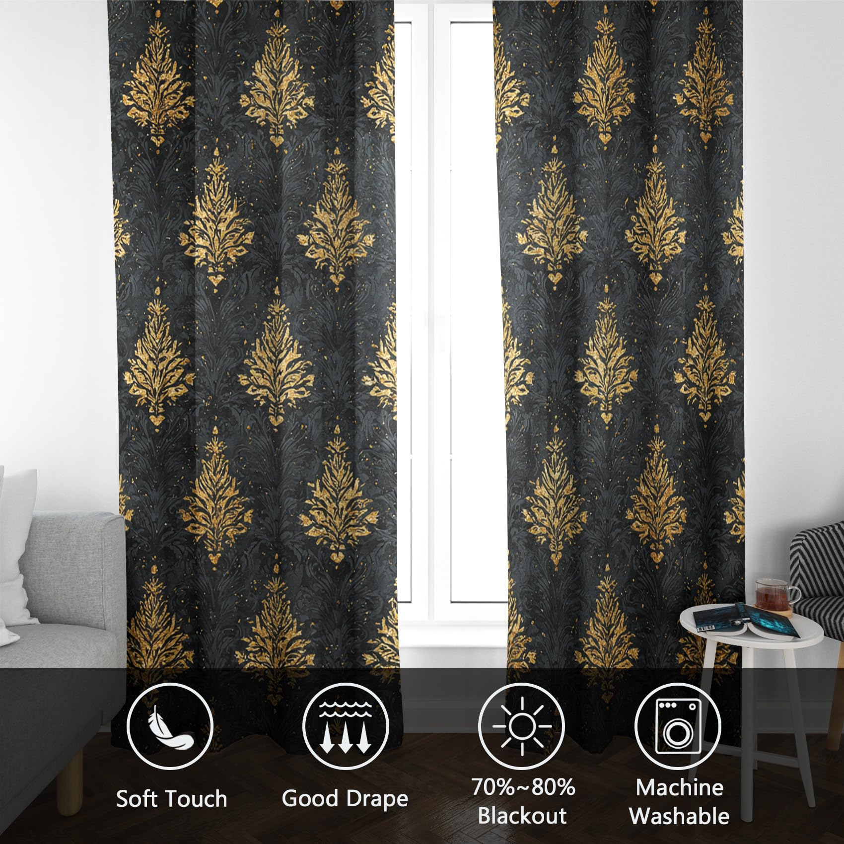 Generisch Blickdichte Vorhänge Schwarzes Damastmuster Muster, H 260 x B 140 2er Set - Viktorianischer Golden Blumen Fenster Gardinen mit Ösen, 260 cm Lang Curtains Wohnzimmer Schlafzimmer Deko S&V-27