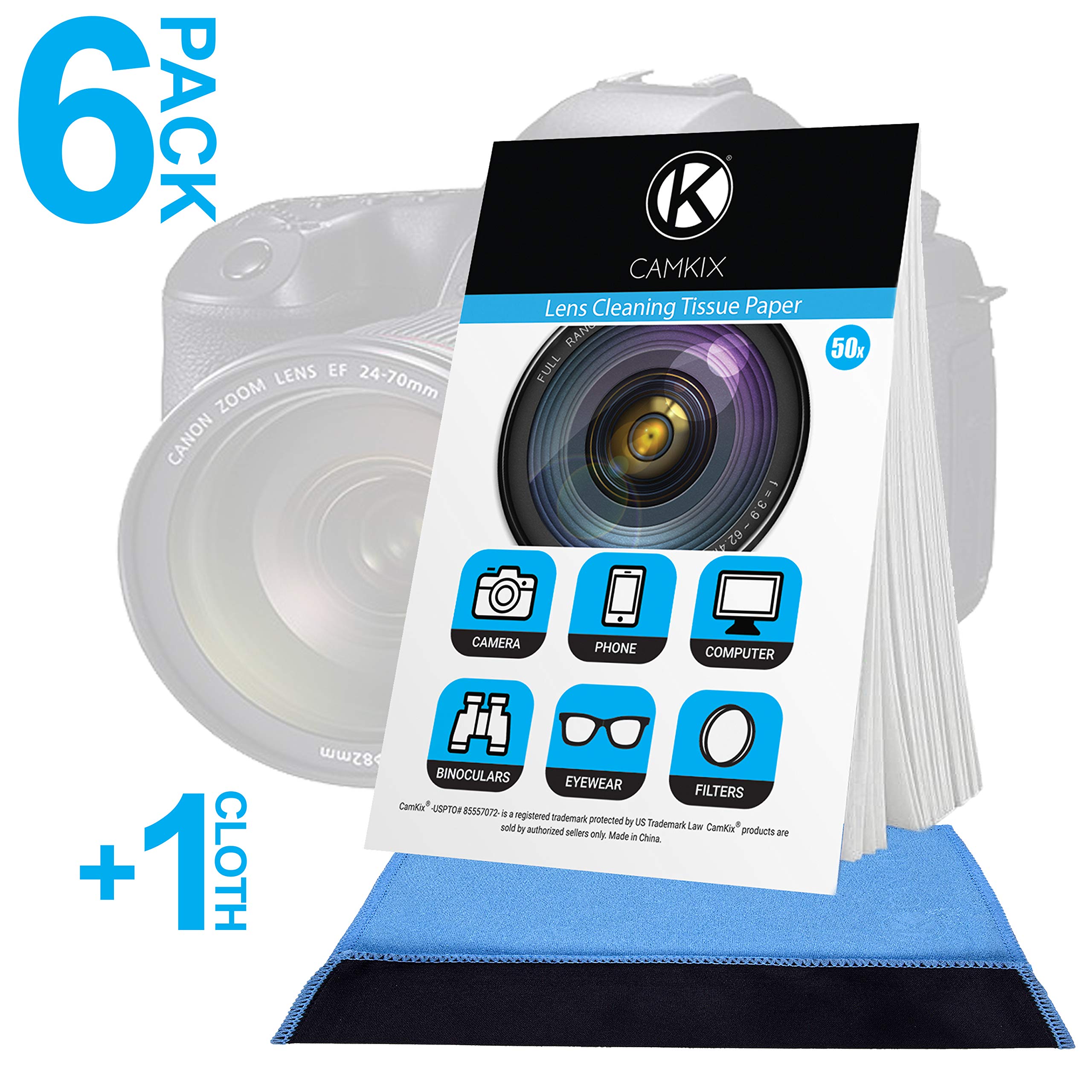 CAMKIXLens Cleaning Paper Tissue 6x booklets/300 sheets + Double Sided Cleaning Cloth - Lens Cleaning Paper for Use on Camera Lenses - Double-Sided Cleaning Cloth for Use on Electronic Screens