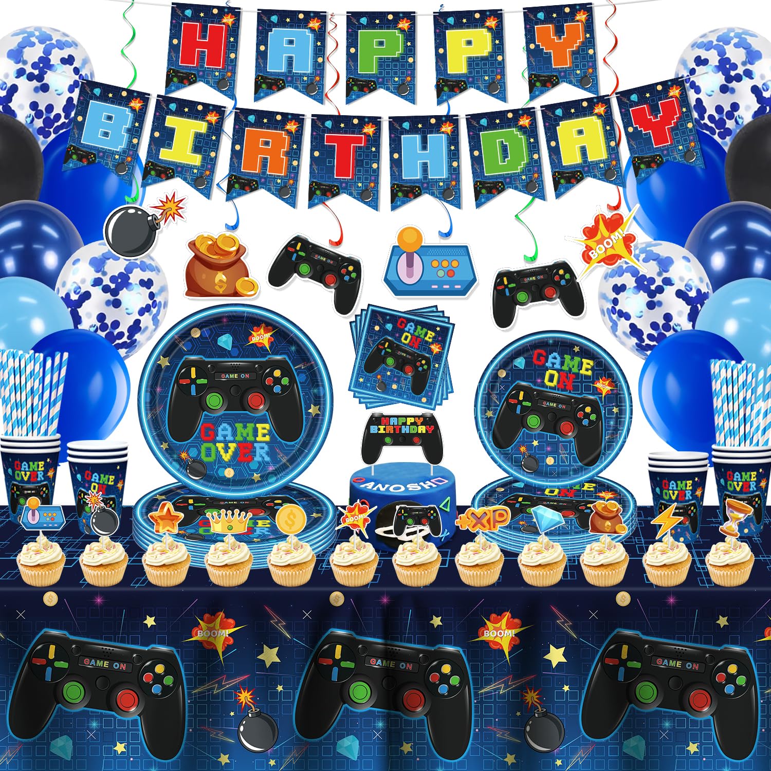 Kit Fête Thème Jeu Vidéo Kit Vaisselle Fête Anniversaire 62 Pièces - Thème Pixel Jeu Vidéo - Assiettes, Gobelets, Ballons, Bannière Accessoire Fête Enfant Kit Fête Thème Jeu Vidéo Kit Vaisselle Fête Anniversaire 62 Pièces - Thème Pixel Jeu Vidéo - Assiettes, Gobelets, Ballons, Bannière Accessoire Fête Enfant