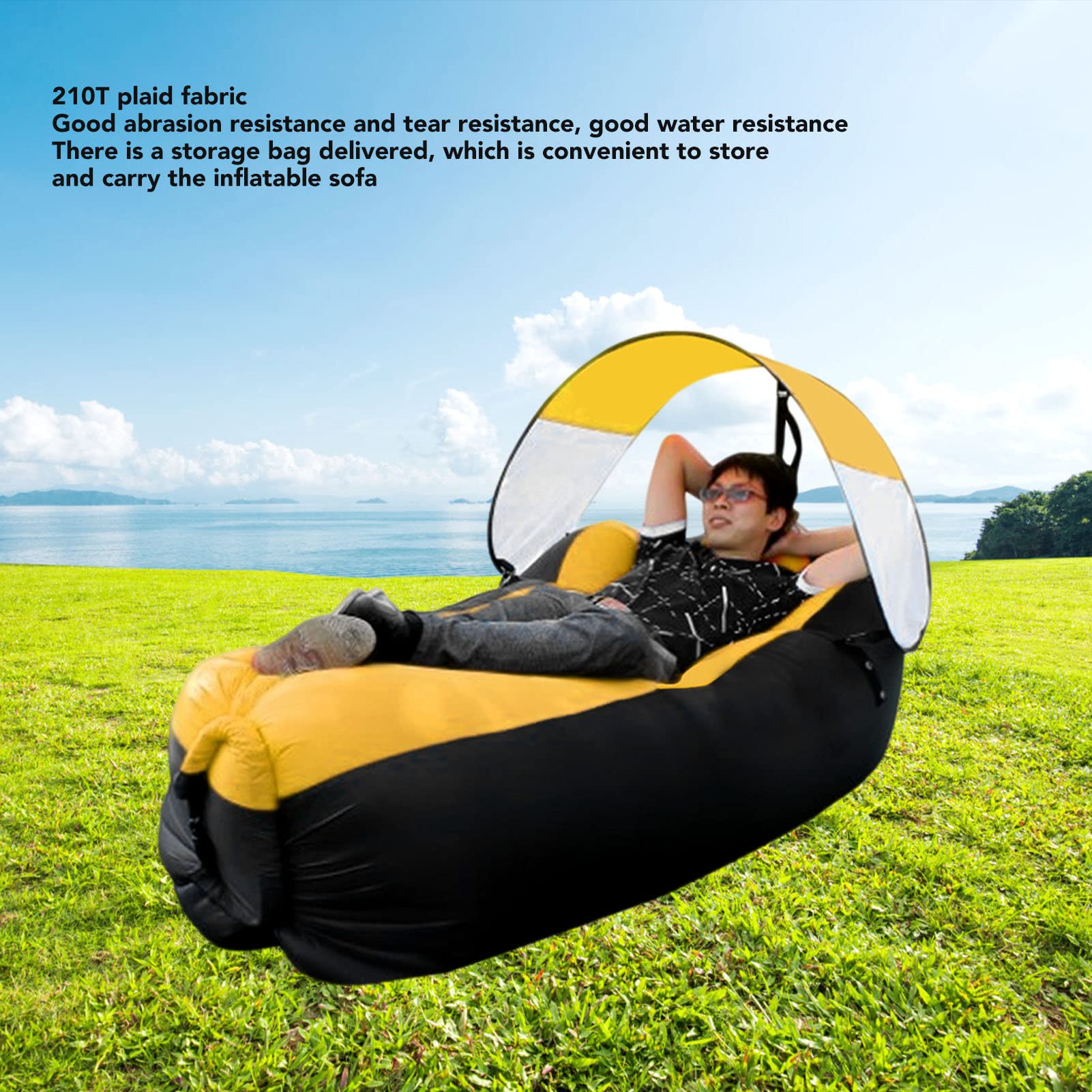 CHICIRIS Inflatable Lounger Air Sofa, 210T Tear Plaid Inflatable Sofa for Camping (Black Plus Yellow)