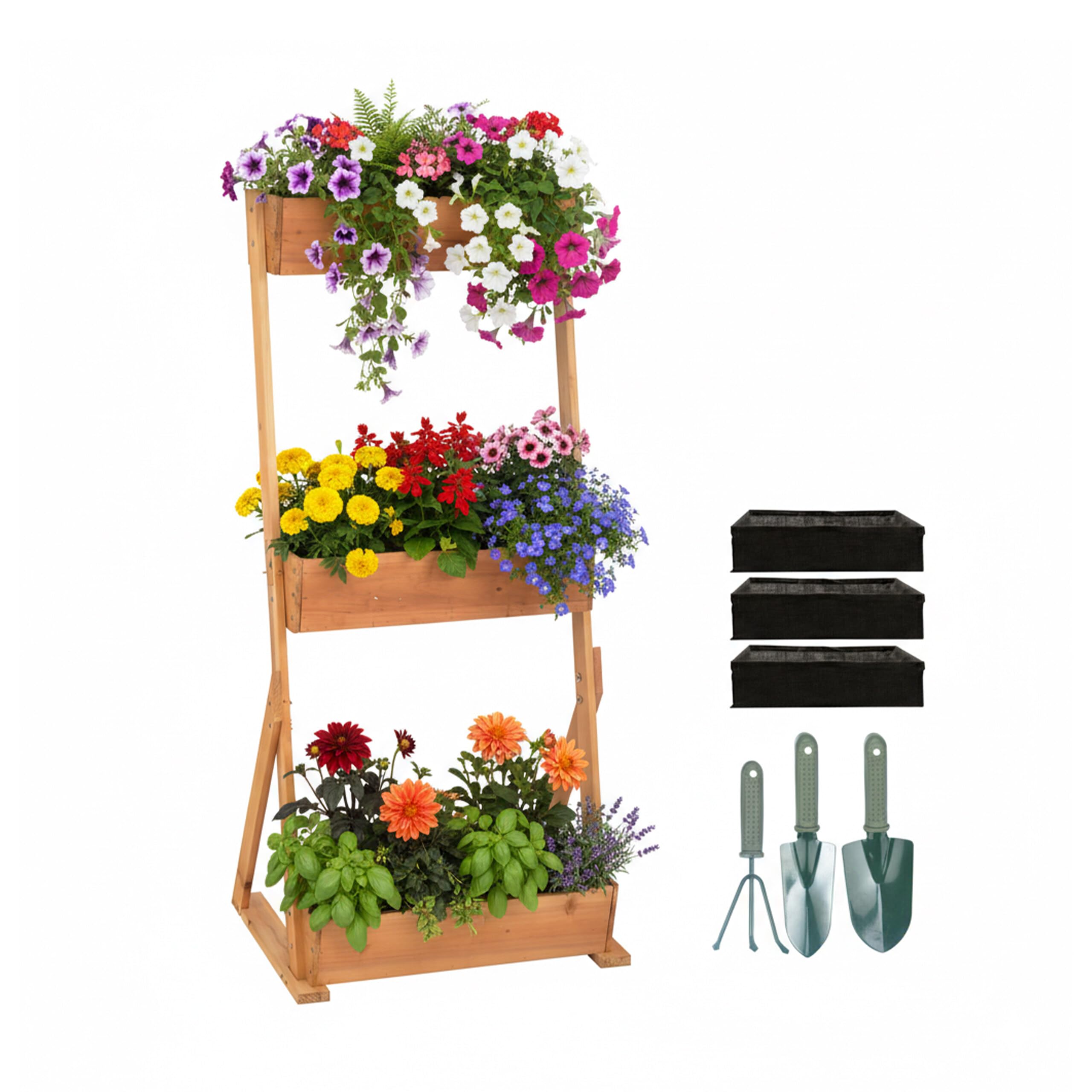 Relaxdays Potager Vertical en Bois avec 3 bacs surélevés, géotextile, Accessoires, 140x60x50 cm, Naturel