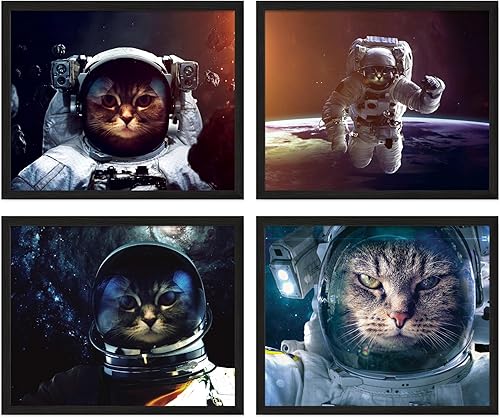 TnT Prints Divertidos carteles de gato en el espacio para niños, fotos de astronautas, decoración del hogar, juego de 4 sin marco (8 x 10)