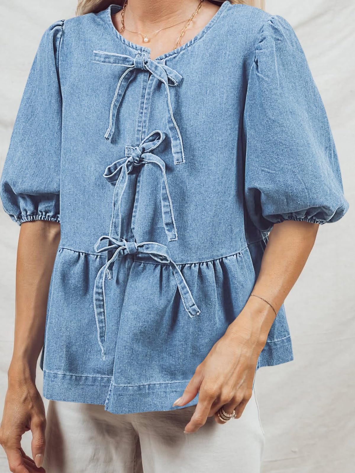 Tankaneo Camicette da donna in denim con nodo frontale, con peplo e maniche a sbuffo, girocollo, estive, casual, con fiocco