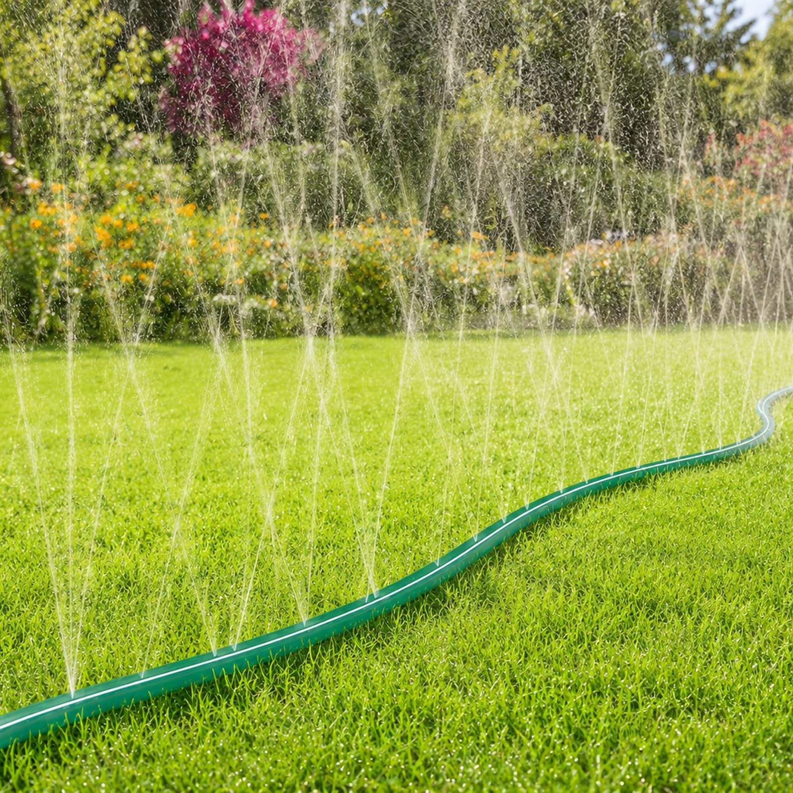 MIXC Sprinklerschlauch mit Löchern, 30 m (7,6 m, 4 Stück) flexibler flacher Sprinkler-Schlauch mit 40 Gartenklammern und 2 Splittern, effizientes wassersparendes Design für Rasen, Hof, Blumenbeete und