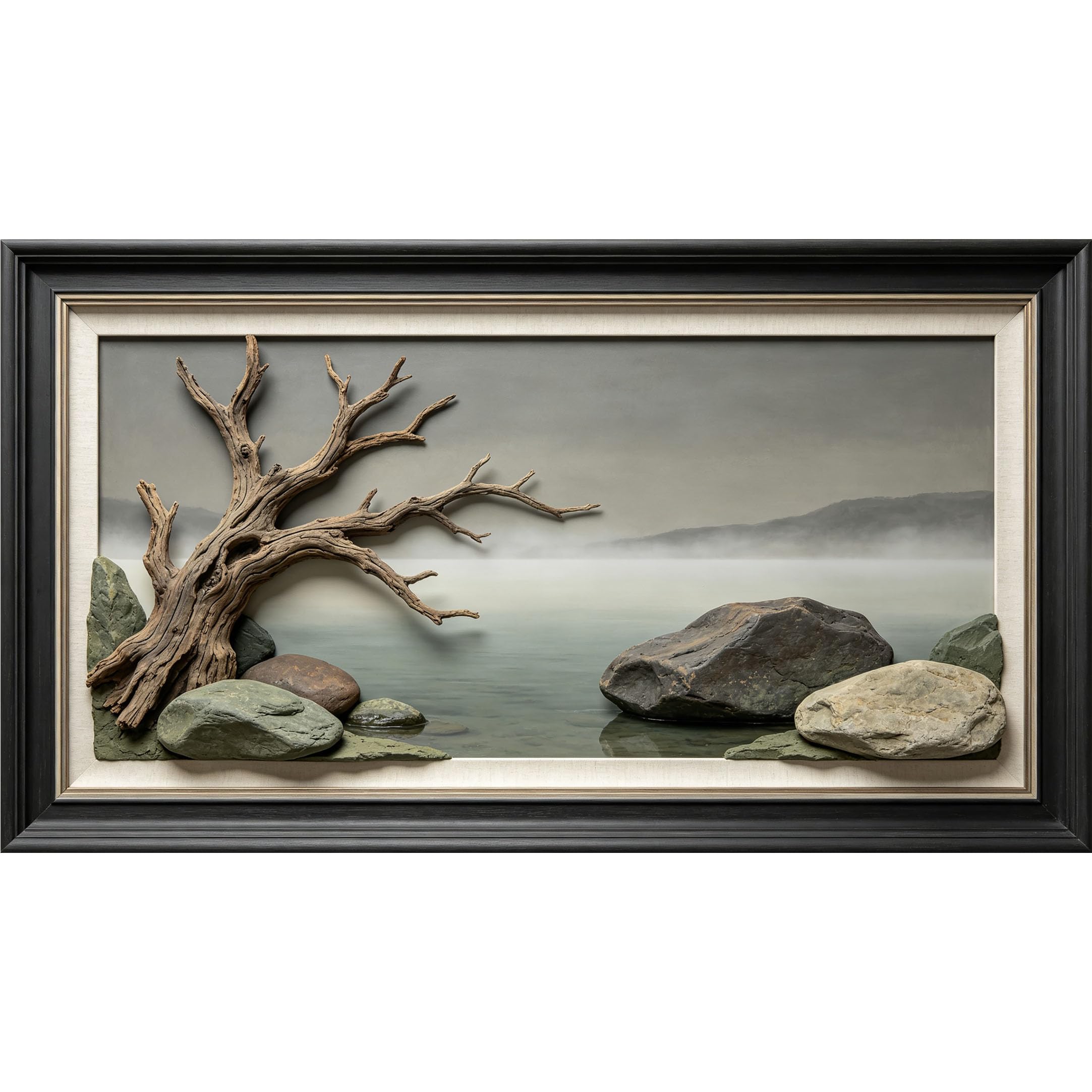 QZLITHOTIC 50x90cm3D Framed Wall Art， Misty Lake Driftwood and Stone Landscape Self‑Adhesive Mural， Water‑Activated Peel & Stick Fabric Decor Wall Decal for Bedroom Living Room