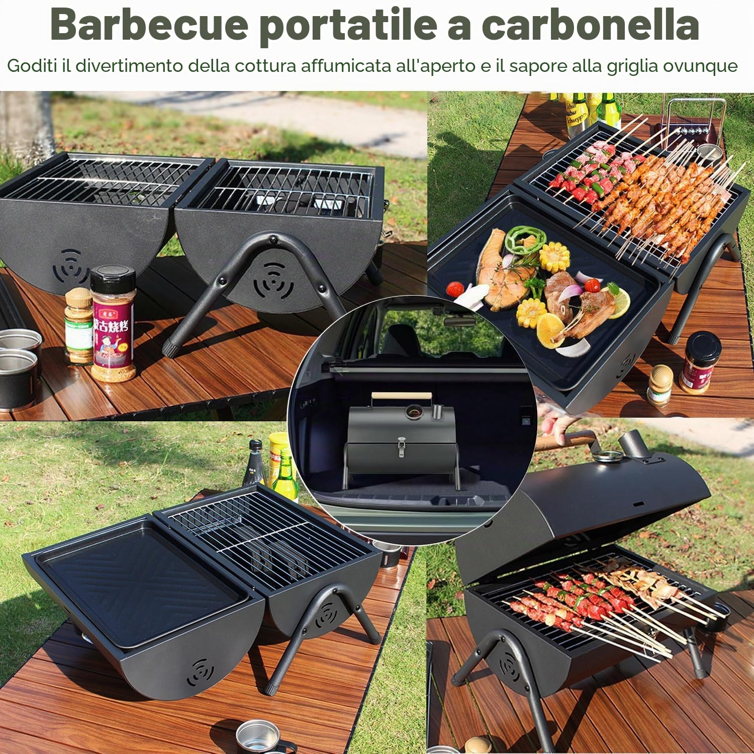 Barbecue a doppia faccia in acciaio inox con funzione griglia bifacciale, leggero, compatto, pieghevole, portatile, ideale per campeggio, festival