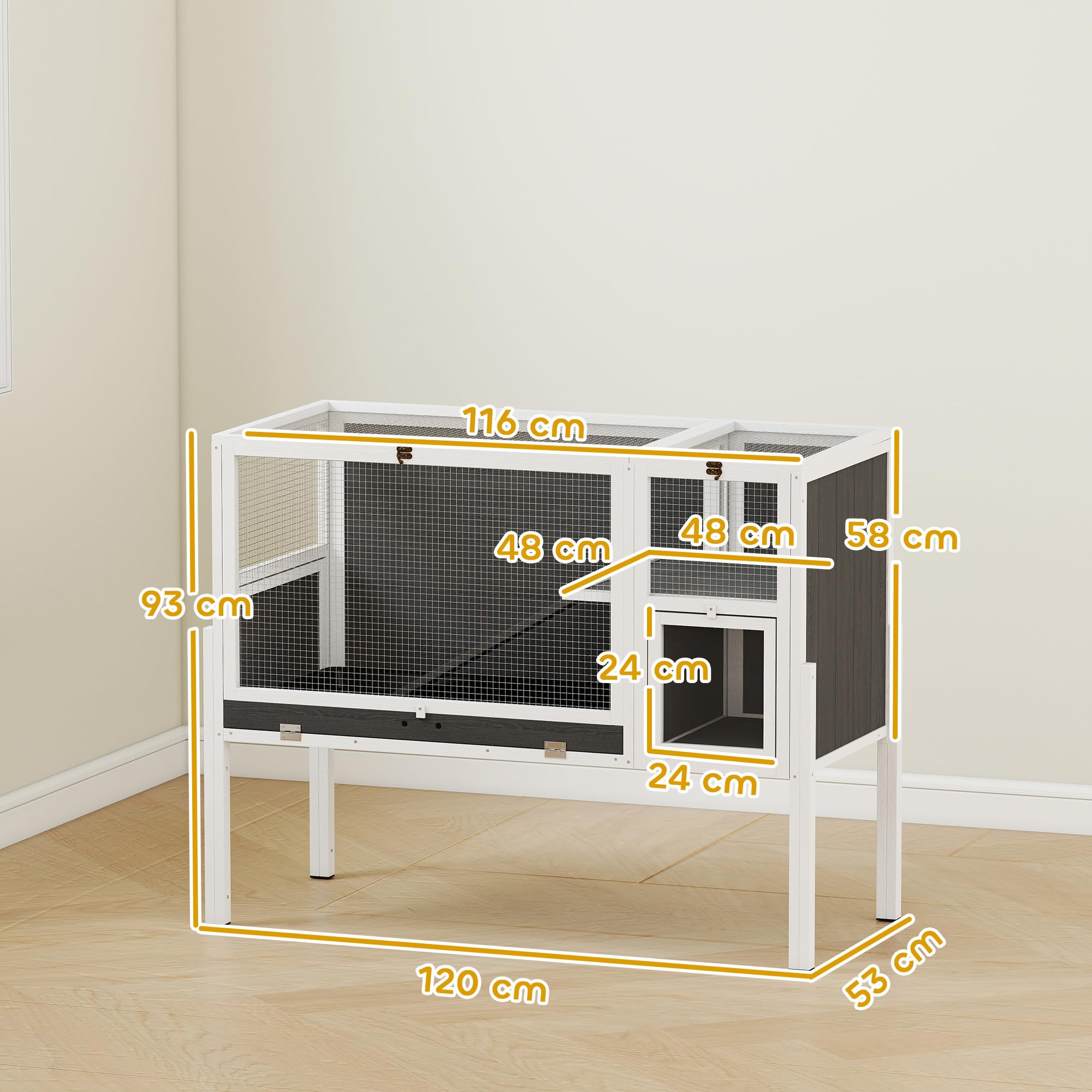 PawHut Conejera Convertible Conejera de Madera con rampa 120 x 53 x 93 cm Jaula para Conejos con entradas, habitación de Descanso, para cobayas, jerbos Gris