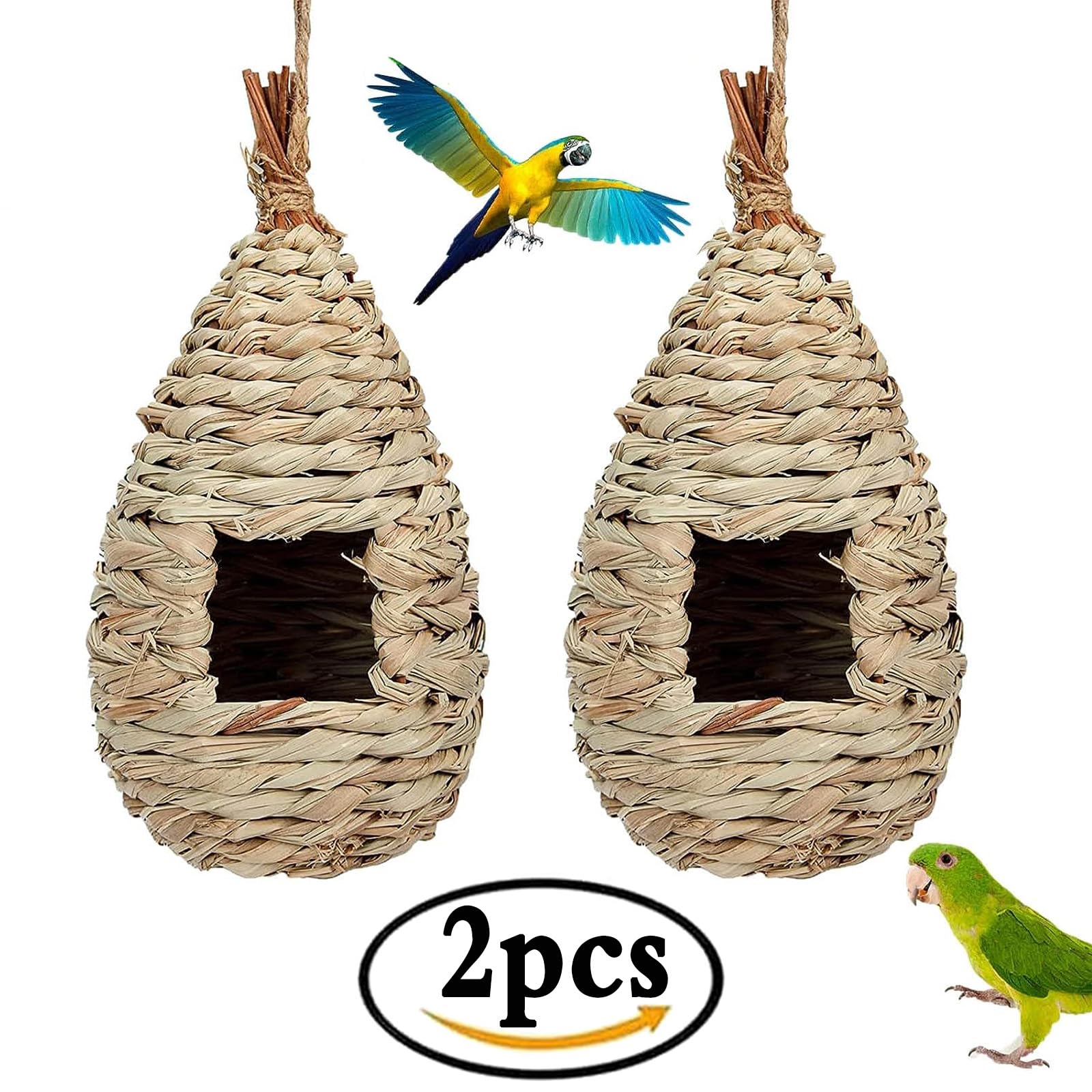 Vogelnest Gras, 2 Stück Gras Bird Nest, Vogelhäus, Handgewebte Vogelhäuser, Vogelhäus zum Aufhängen für Wellensittich Meise, Kanarienvogel, Amsel, Hummingbird, Rotkehlchen (Farbe der Stämme, A)
