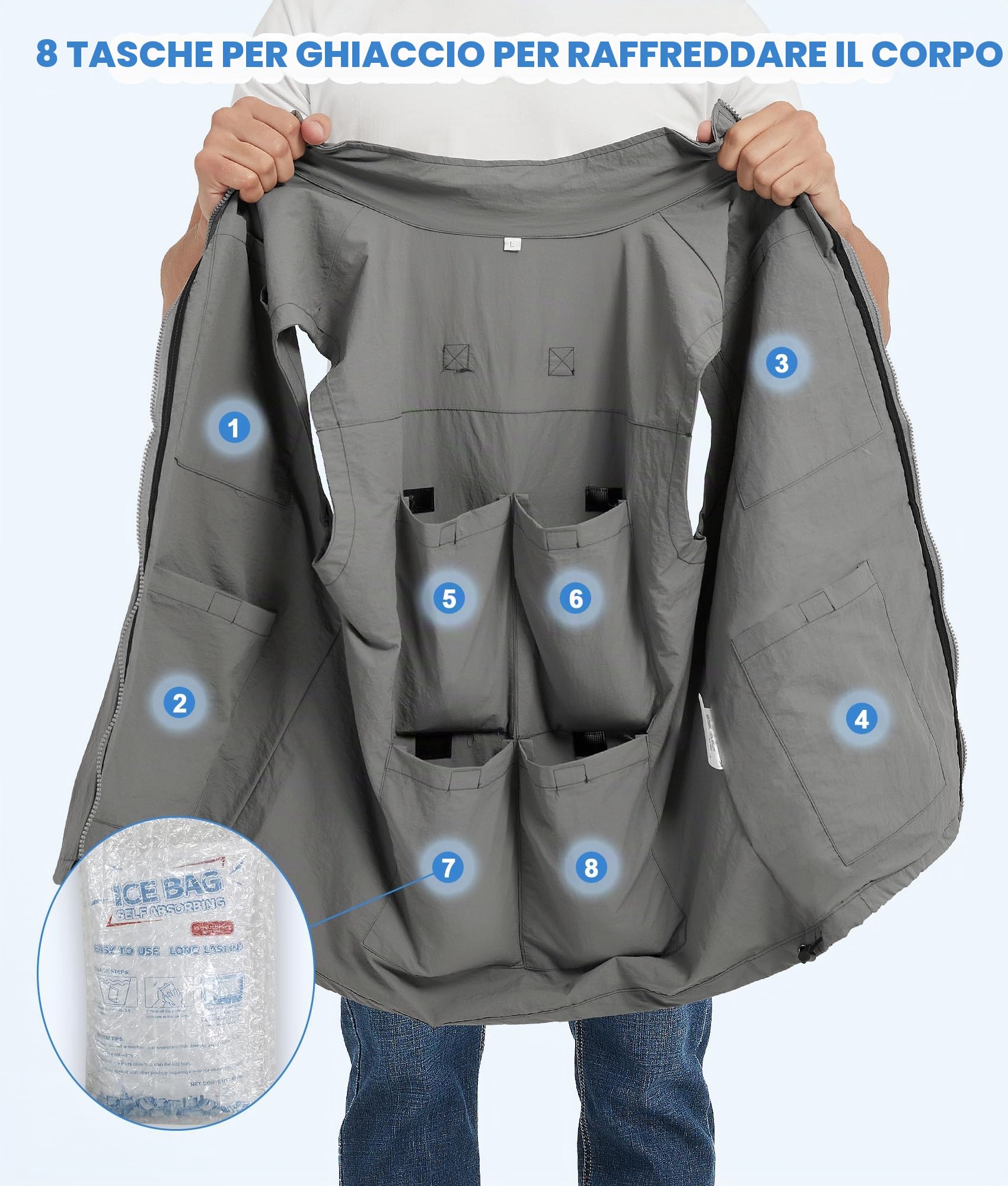 Gilet refrigerante da uomo, con 24 impacchi di ghiaccio, per tempo caldo, attività all'aria aperta, lavoro quotidiano