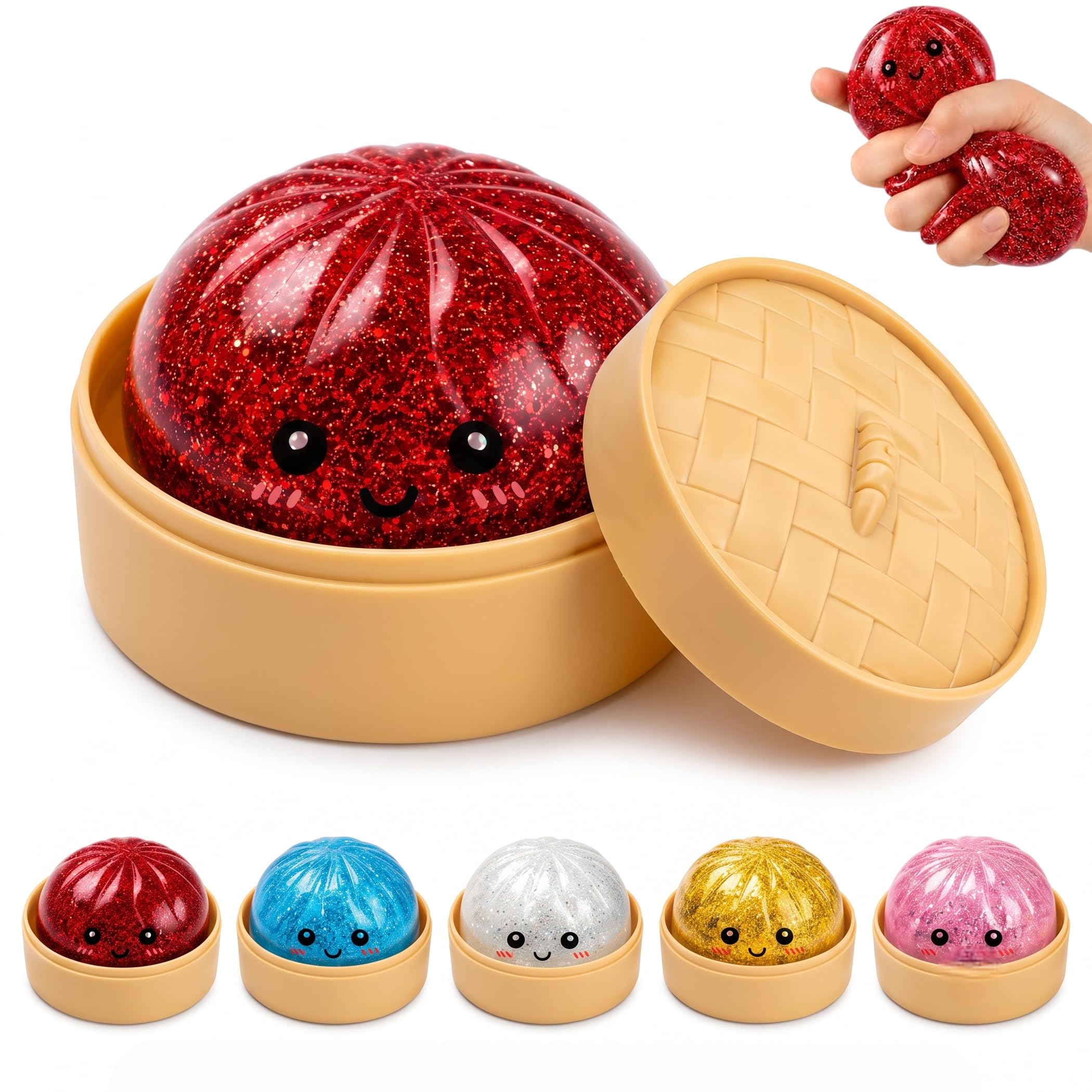 Hexon Dumpling Squishy Mystery Box Toy 10 x 10 x 5 cm Cute Big Glitter Dumpling Stress Ball Blind Box Fidget Sensory Toy for Anxiety Relief for Adults and Kids Soft Squeeze Toy (Big-Multi Colour)-image-6