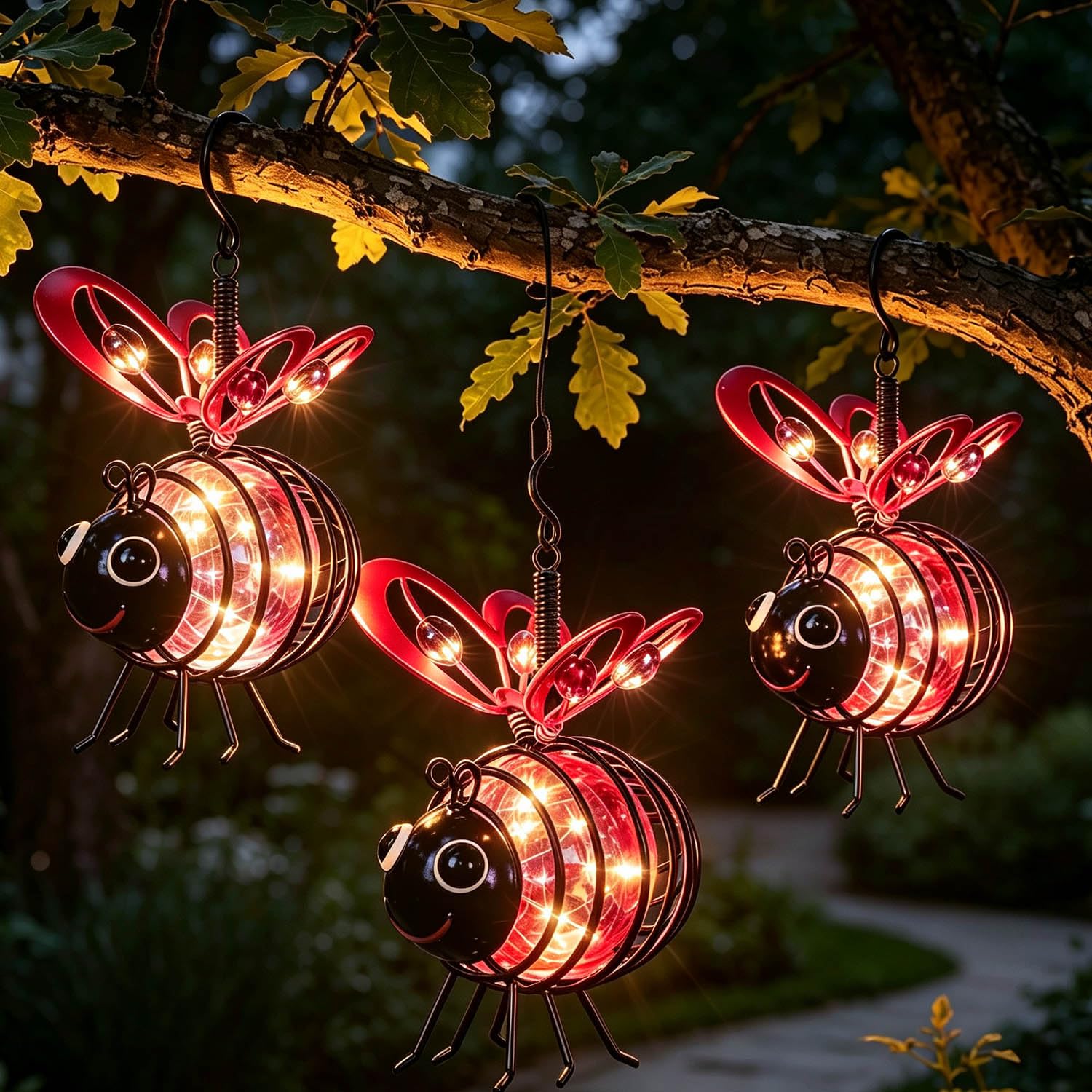 Solar-Powered Hanging Bee Light for Garden, 4-Pack Metal Glow Lanterns with Spring Hook, Flicker-Free Auto Sensor Outdoor Decor for Patio, Yard, Balcony & Tree Branches (3*red)