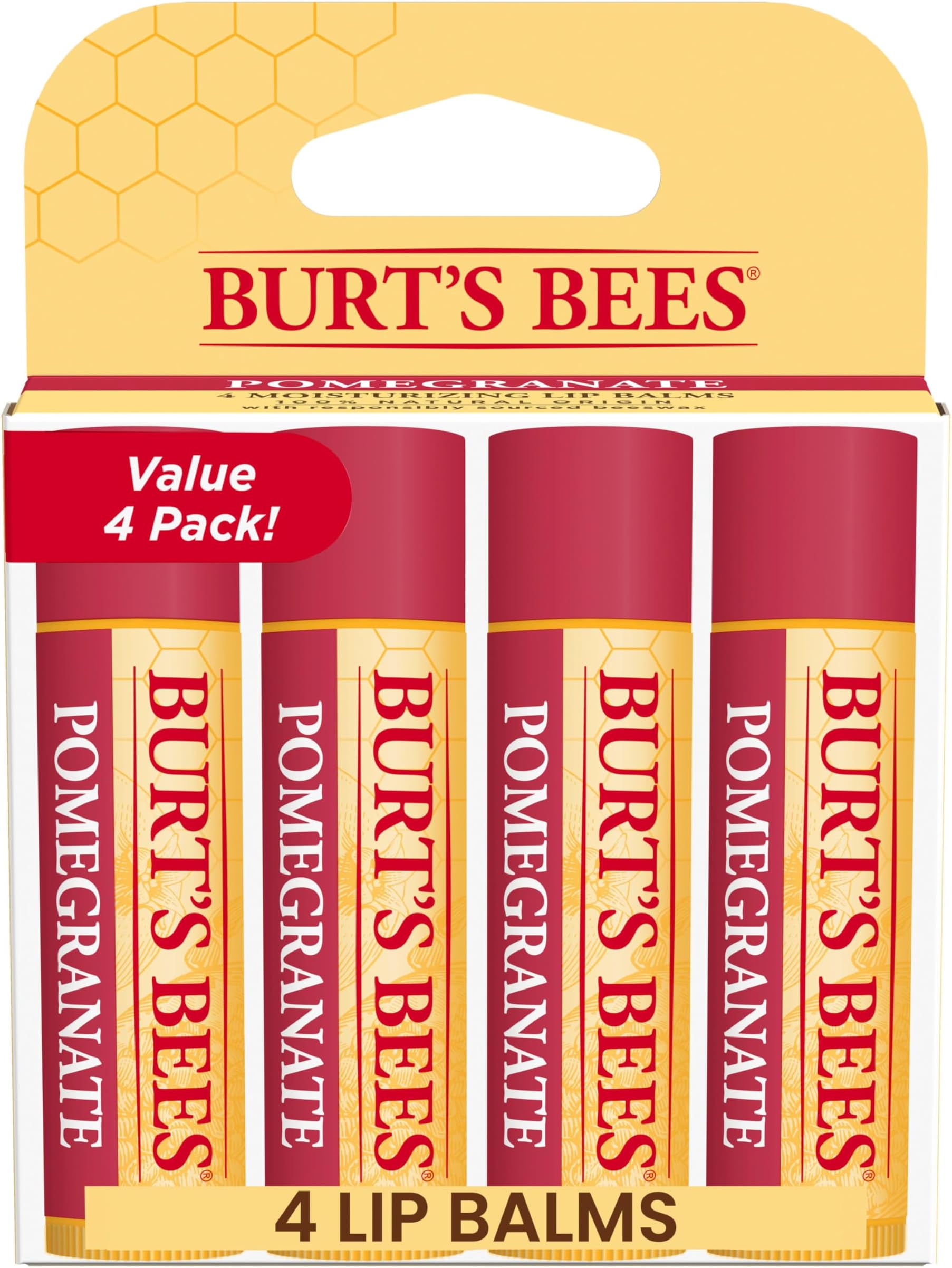 Lip Balm - Pomegranate, Lip Moisturizer With Responsibly Sourced Beeswax, Tint-Free, Natural Origin Conditioning Treatment, 4 Tubes, 0.15 oz.