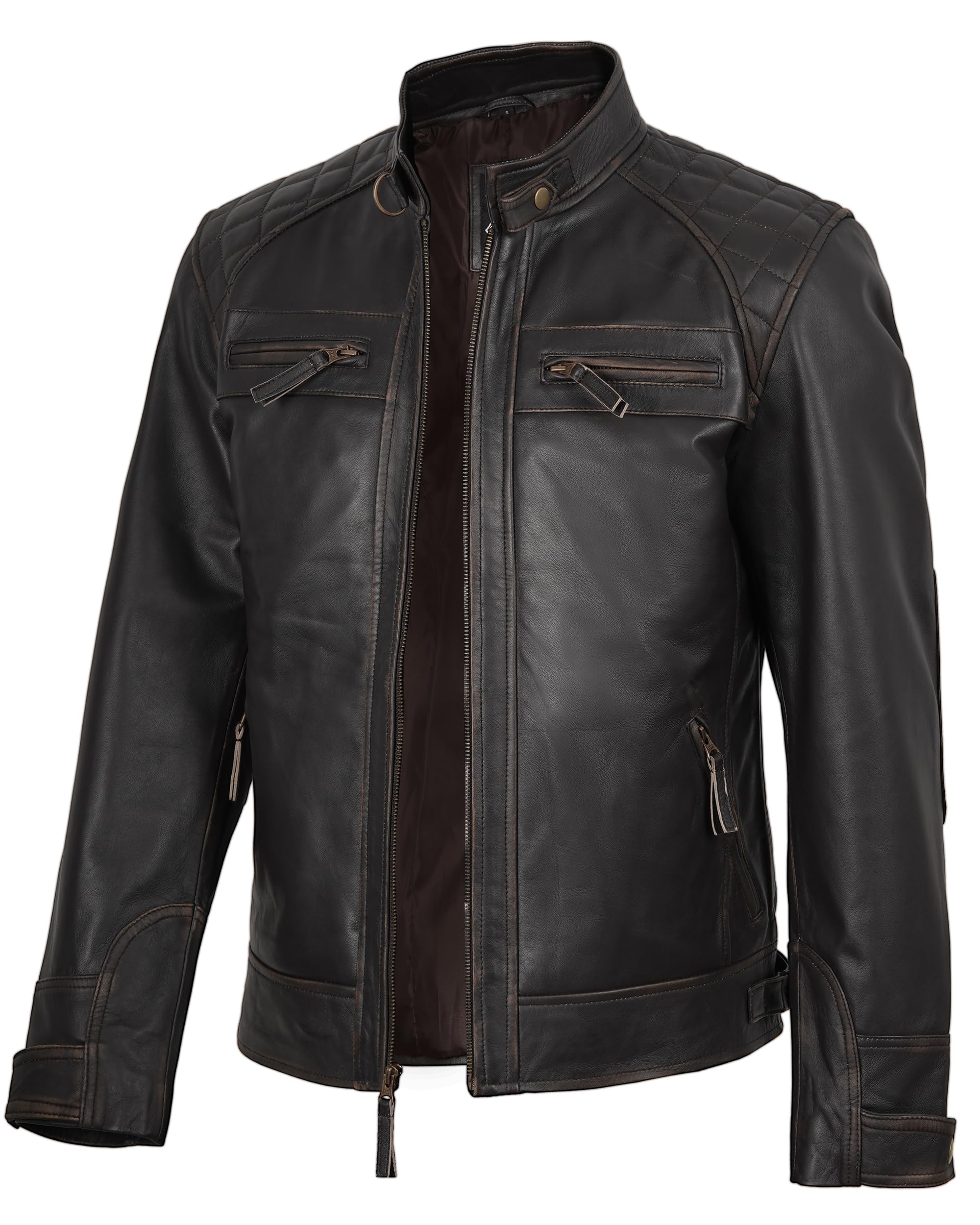Blingsoul Leather Jacket Men - Quilted Cafe Racer Leather Jackets For Men