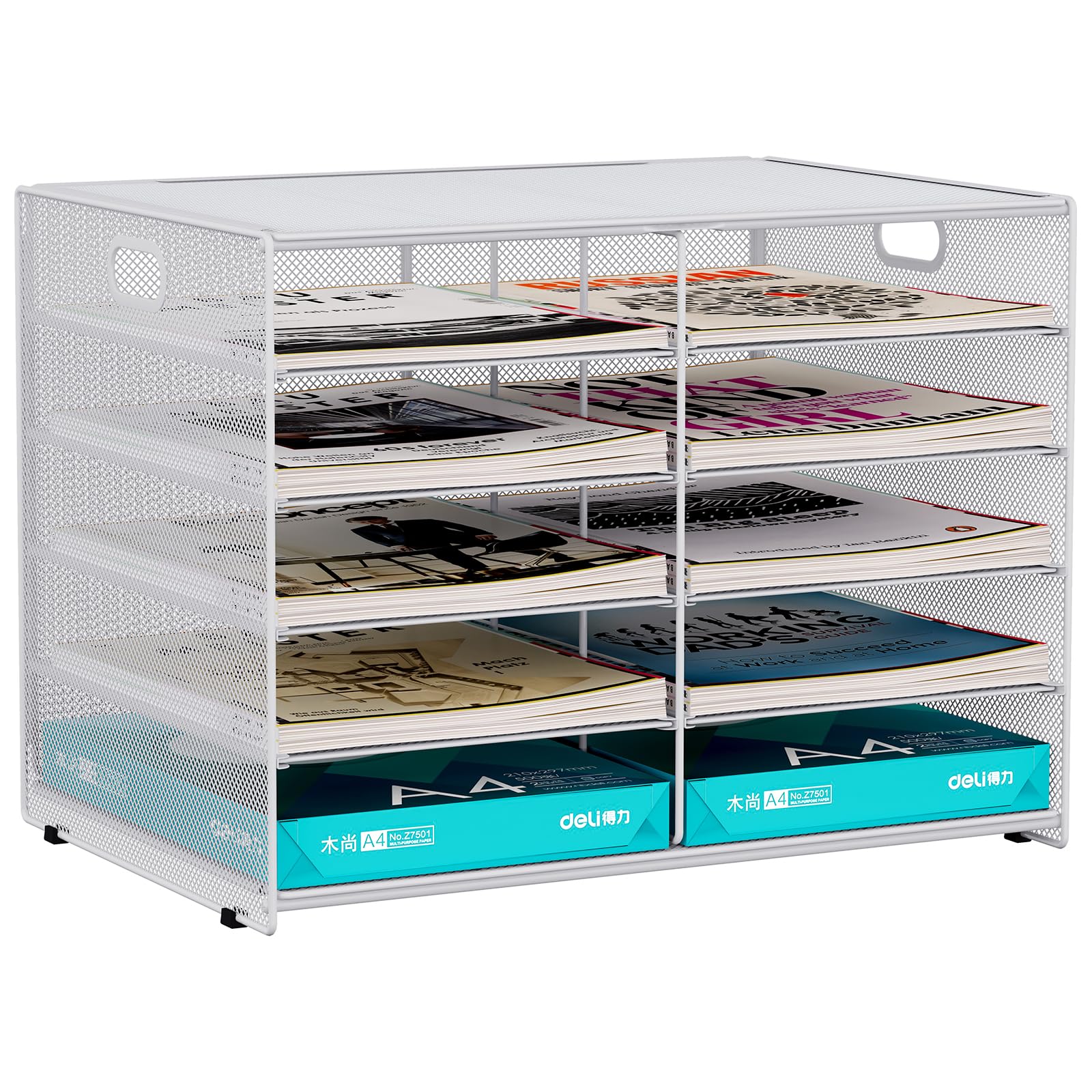 5 Tier 10 Compartments Desktop A4 Mesh Filing Tray Office Desk Tidy Mail Sorter File Holder Paper Organiser Magazine Storage Rack,White