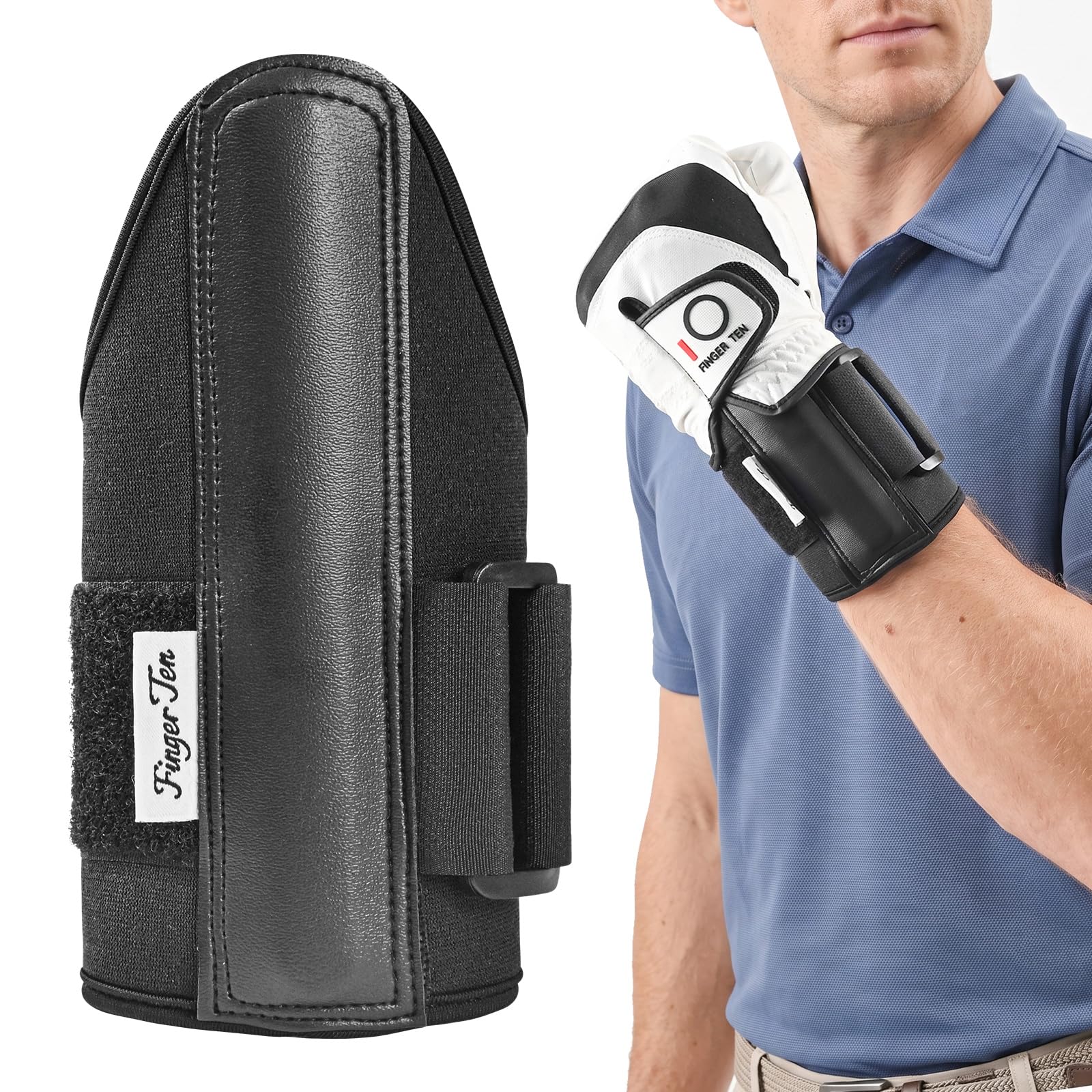 FINGER TEN Golf Wrist Brace with in Hard Support Plate 1 Pack, Adjustable Golf Swing Training Aid to Correct Wrist Angle & Develop Muscle Memory for Left Right Handed Golfers Beginners (Black)